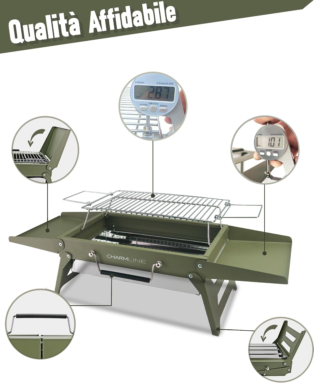 Detalle de Charmline Griglia a Carbone Portatile 34 x 23 cm – Pieghevole e Compatta, per 1–3 Persone, Verde