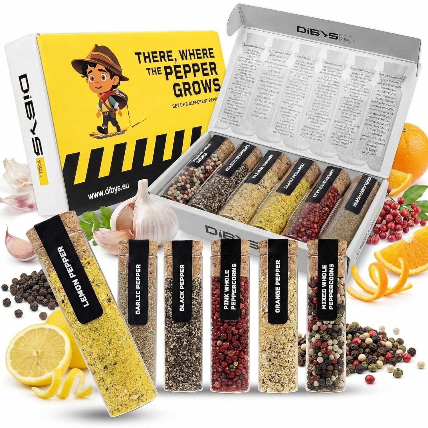 DIBYS Pfeffer Gewürze Set 6x – Geschenkset Pfeffer-Variationen im Reagenzglas