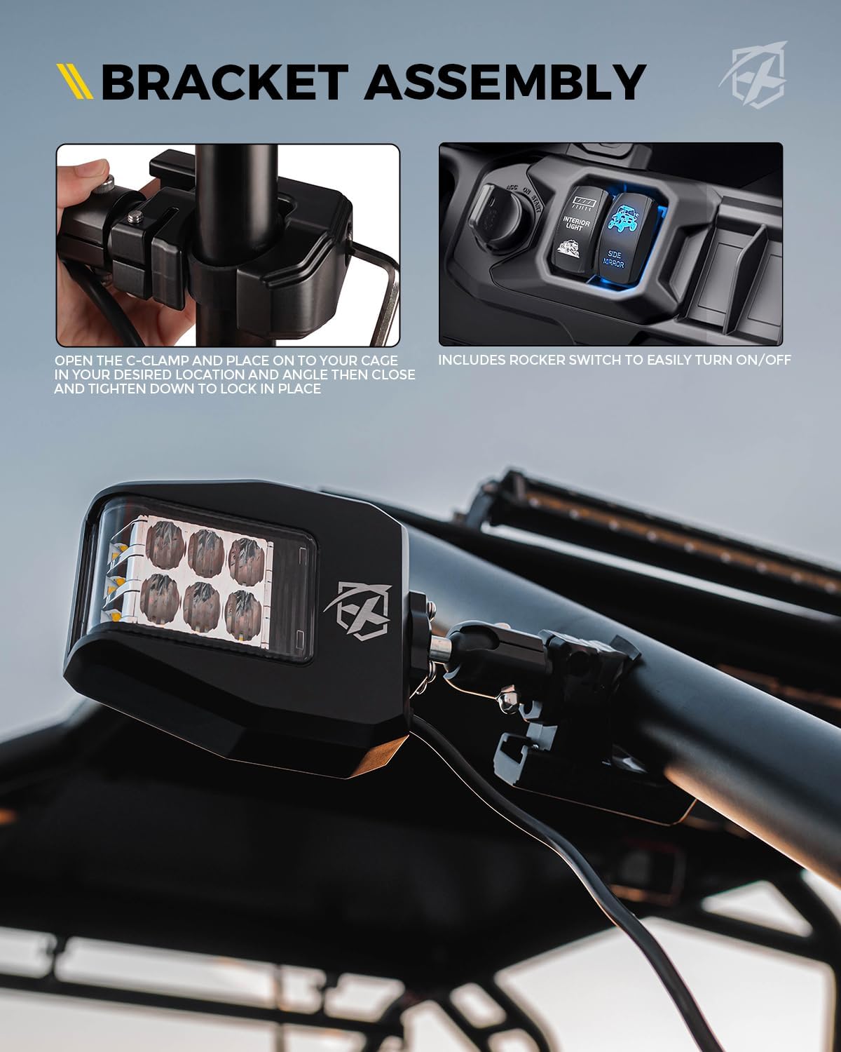Thumbnail 6 de Xprite UTV Classic Aluminum Side View Mirrors with LED Spot Lights (Clear Lens, for 1.75–2" Roll Cages)