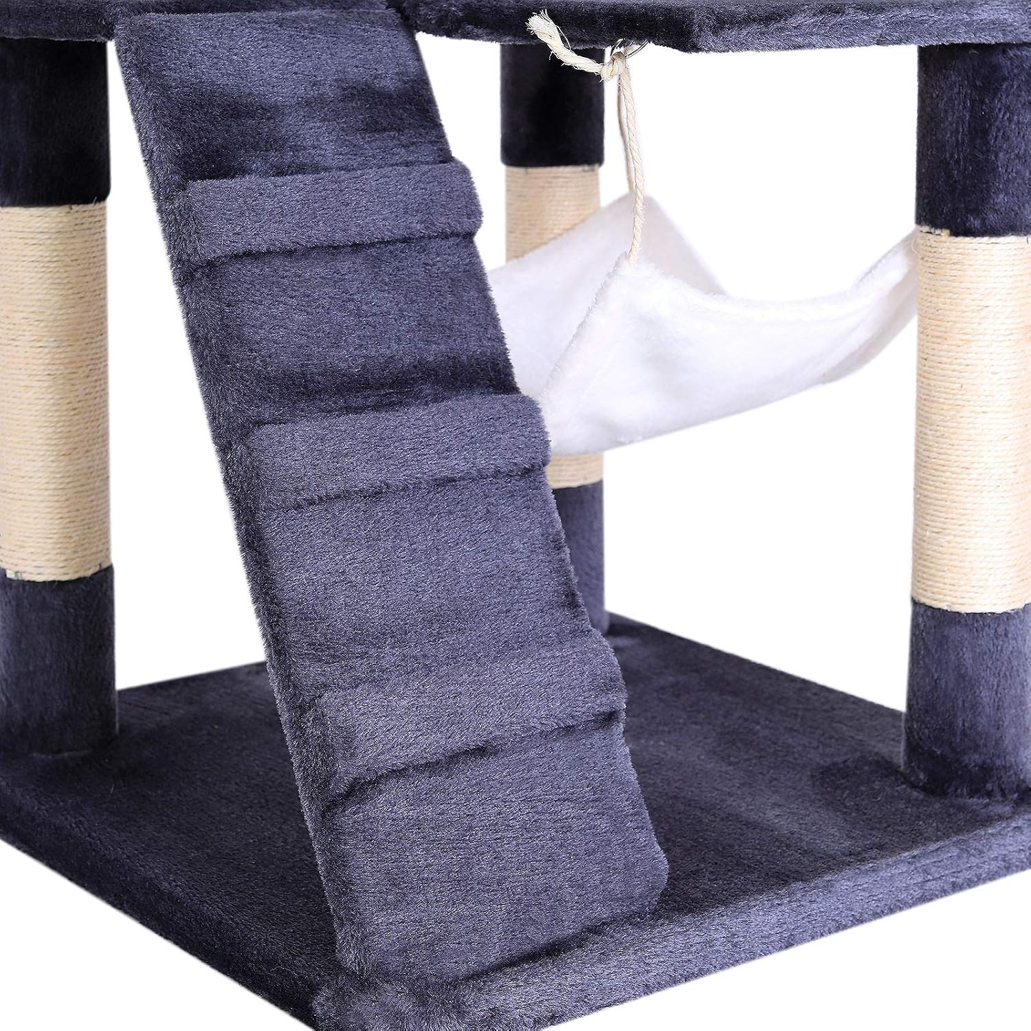 Detalle 2 de lionto Kratzbaum für Katzen mit Hängematte & Tunnel (133 cm) – Sisalseil, Höhle und Liegeflächen in grau/weiß