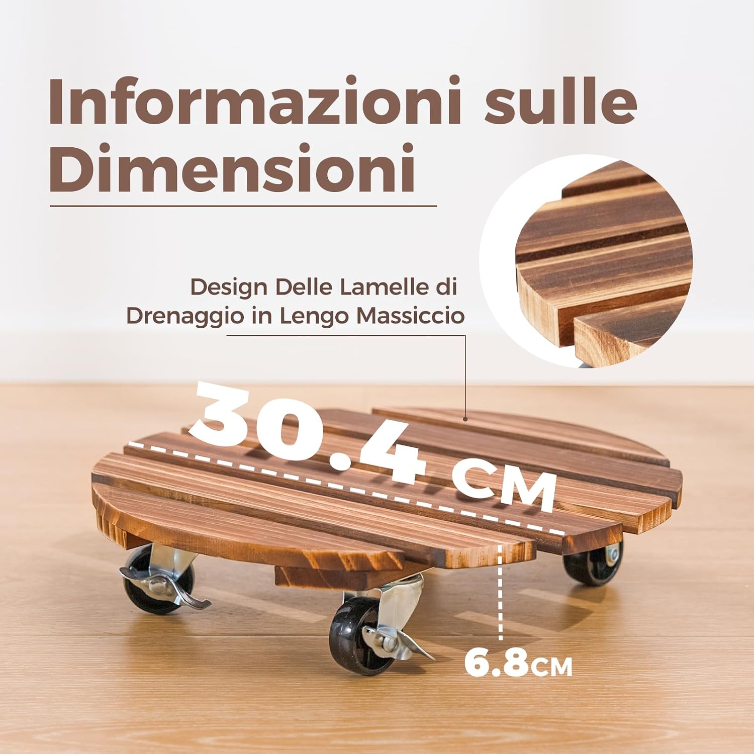 Detalle de Bamworld Porta Piante da Interno con Ruote – Set di 2 Basi Rotonde in Legno per Vasi Grandi