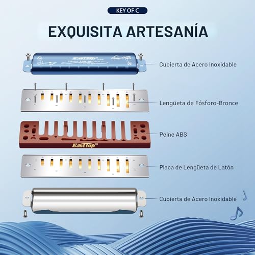 Detalle de East Top Armónica diatónica en C T008K con estuche azul — 10 agujeros, para adultos y principiantes