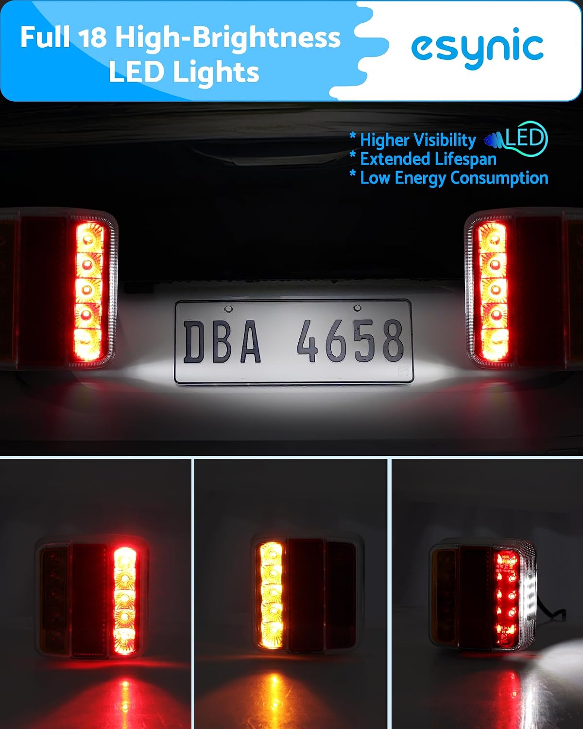 Detalle de eSynic 2 Pack Professional LED Trailer Lights (7.5m cable, 7-pin plug) Waterproof 12V bolt-mount kit