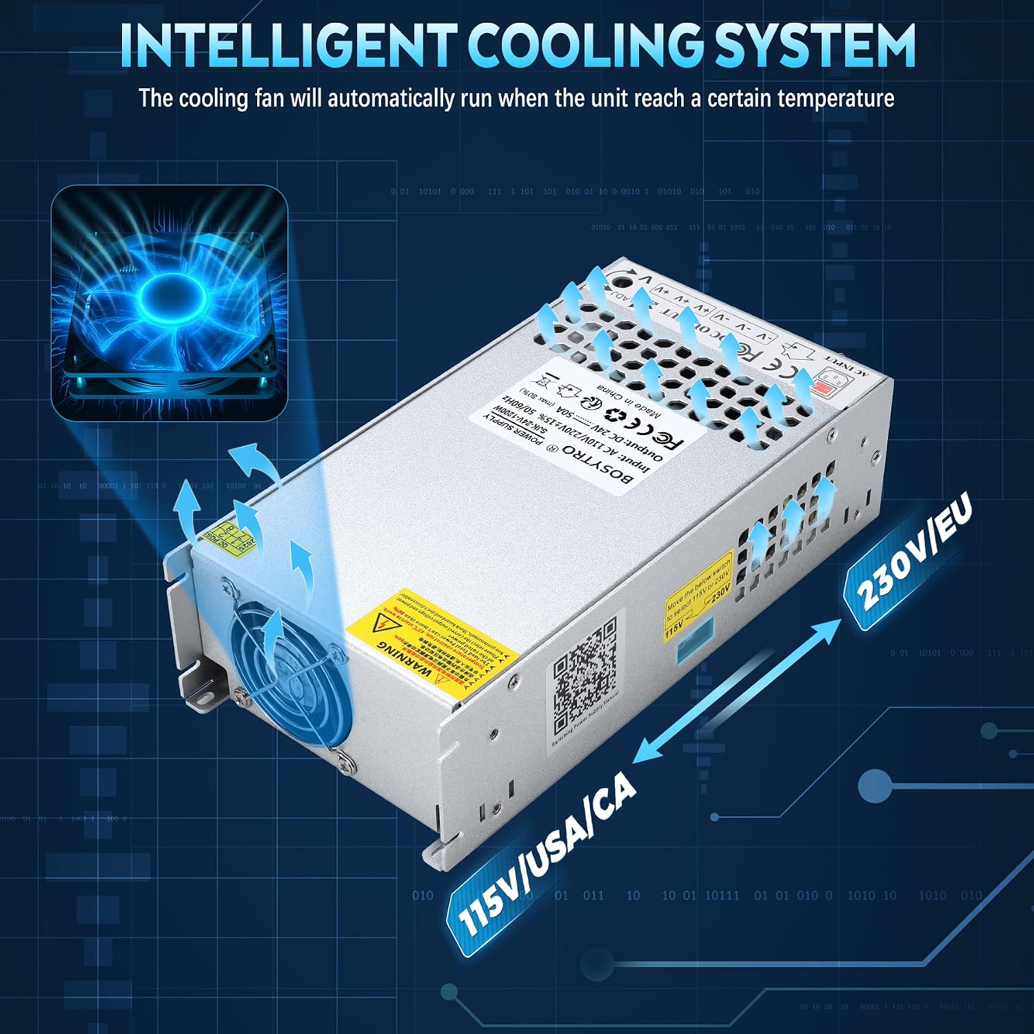 Detalle de BOSYTRO Potenziamento 24V 50A 1200W – Alimentatore universale AC/DC per stampante 3D, CCTV e progetti industriali