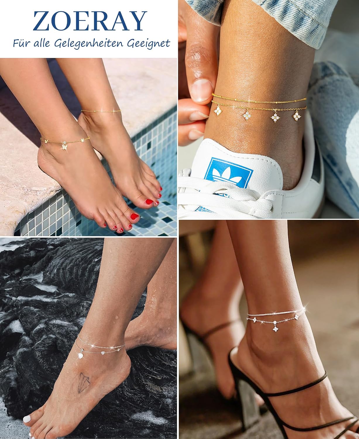 Thumbnail 6 de ZOERAY Fußkettchen Damen Silber 925 / Gold – Verstellbare, wasserfeste Sommer-Fußkette mit Charms