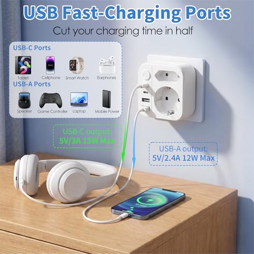 Detalle de Oivneele Adaptateur de voyage 6-en-1 Type A avec 2 ports USB-C et 2 USB-A