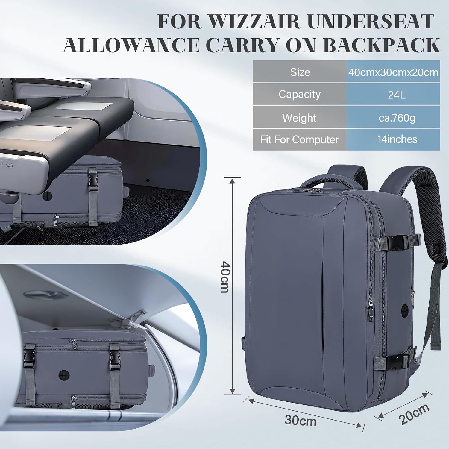 Detalle de Hayayu Cabine 40x30x20 – Sac à dos de voyage 24L avec compartiment ordinateur 14 pouces
