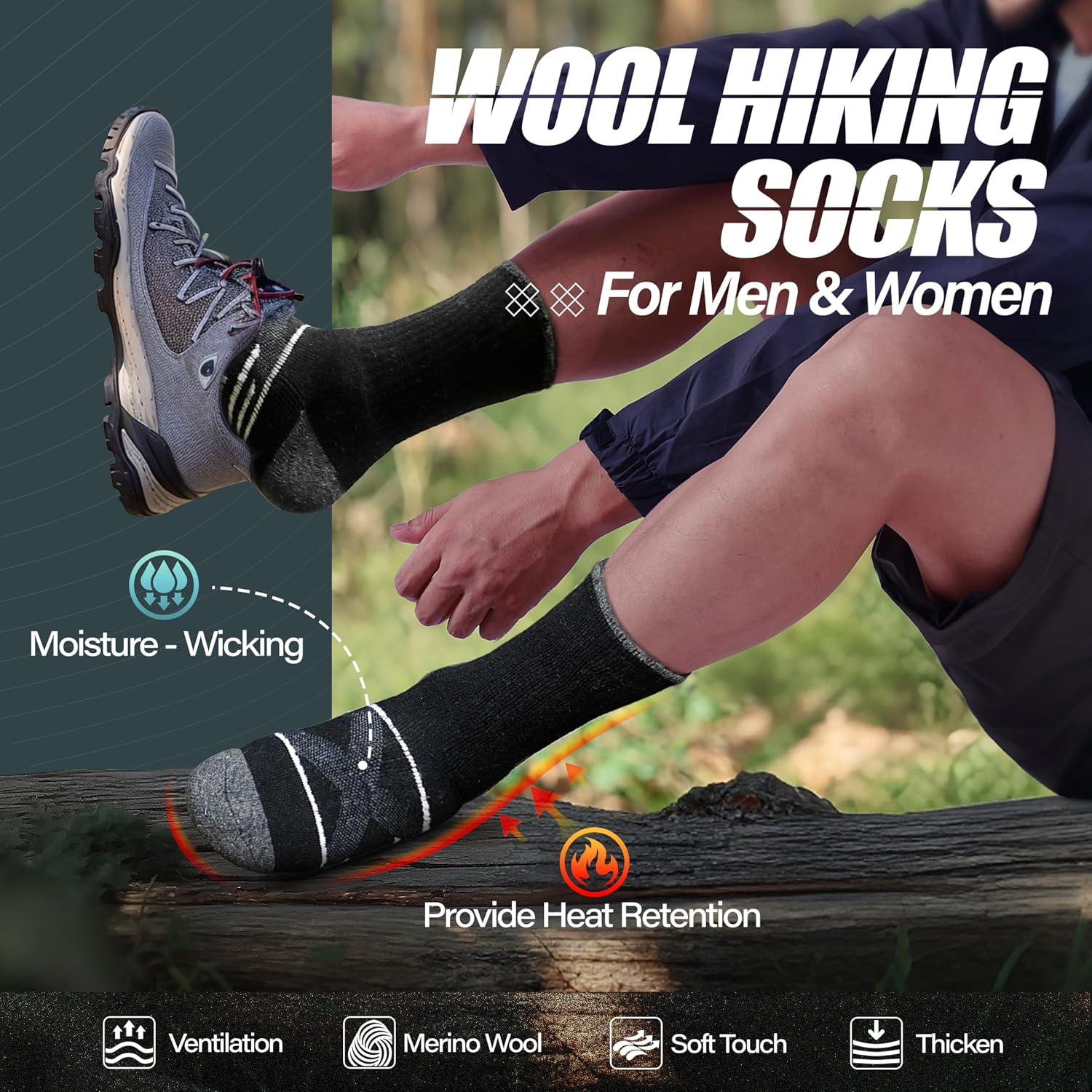 Detalle 2 de ANTSANG Merino Wool Hiking Socks, 5-Pair Crew Boot Socks with Targeted Cushion