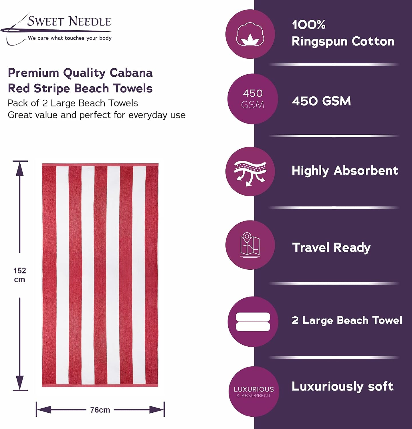 Detalle 2 de SweetNeedle Beach Towels for Adults – Pack of 4 White Cabana Striped Classic, 76 x 152 cm