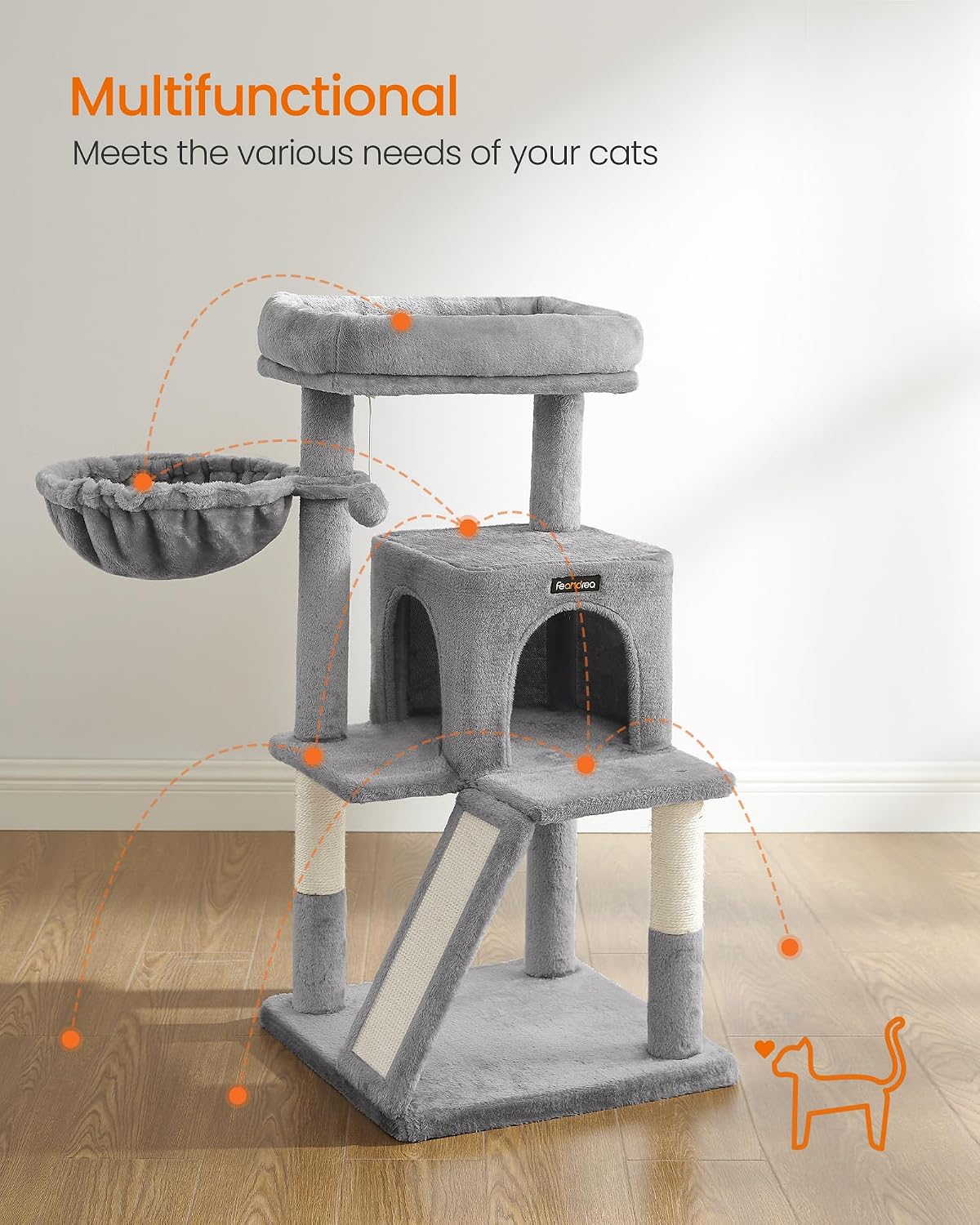 Detalle de Feandrea UPCT51W Cat Tree, 37.8-Inch Multi-Level Tower with Sisal Ramp