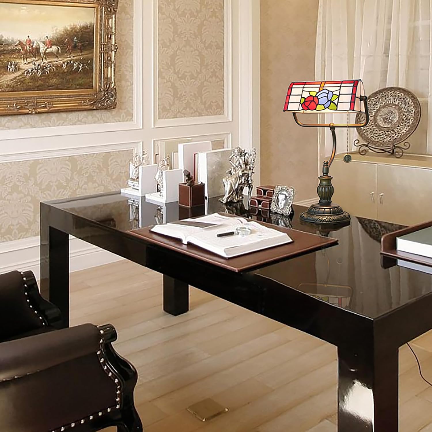 Thumbnail 2 de Blivuself Red Rose Tiffany Bankers Desk Lamp (stained glass table lamp, pull chain)