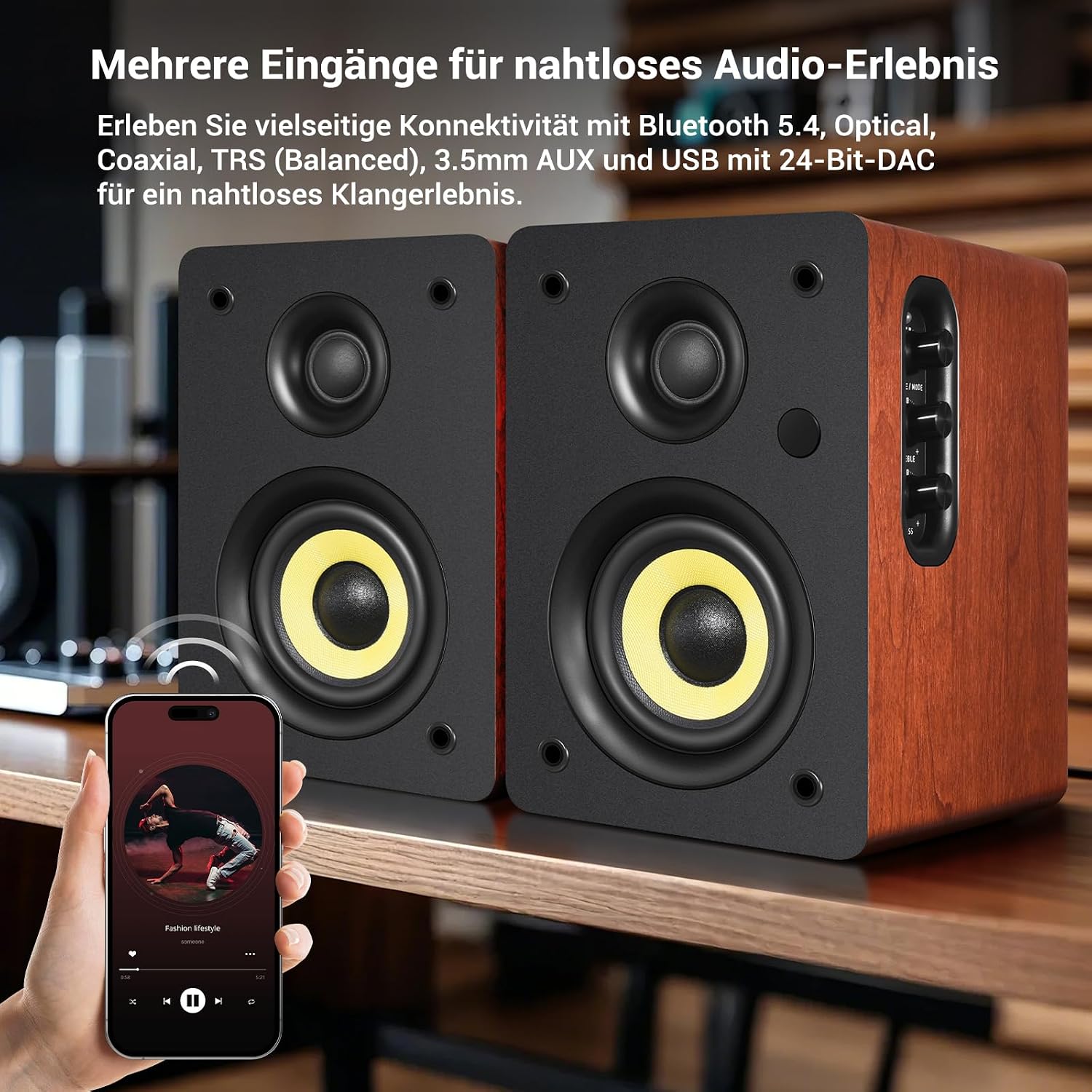 Detalle de Sanyun SW206 4” HiFi-Regal-Lautsprecher mit Studio-Modus (80W aktiv) – Bluetooth 5.4, optisch, koaxial, TRS, AUX, USB-DAC