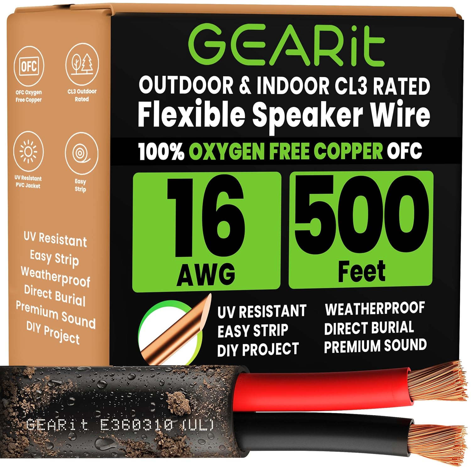 Detalle de GEARit 16/2 Speaker Cable (152.4m) — Direct Burial, 16 AWG OFC, CL3/CL2, 2 Conductors, Black