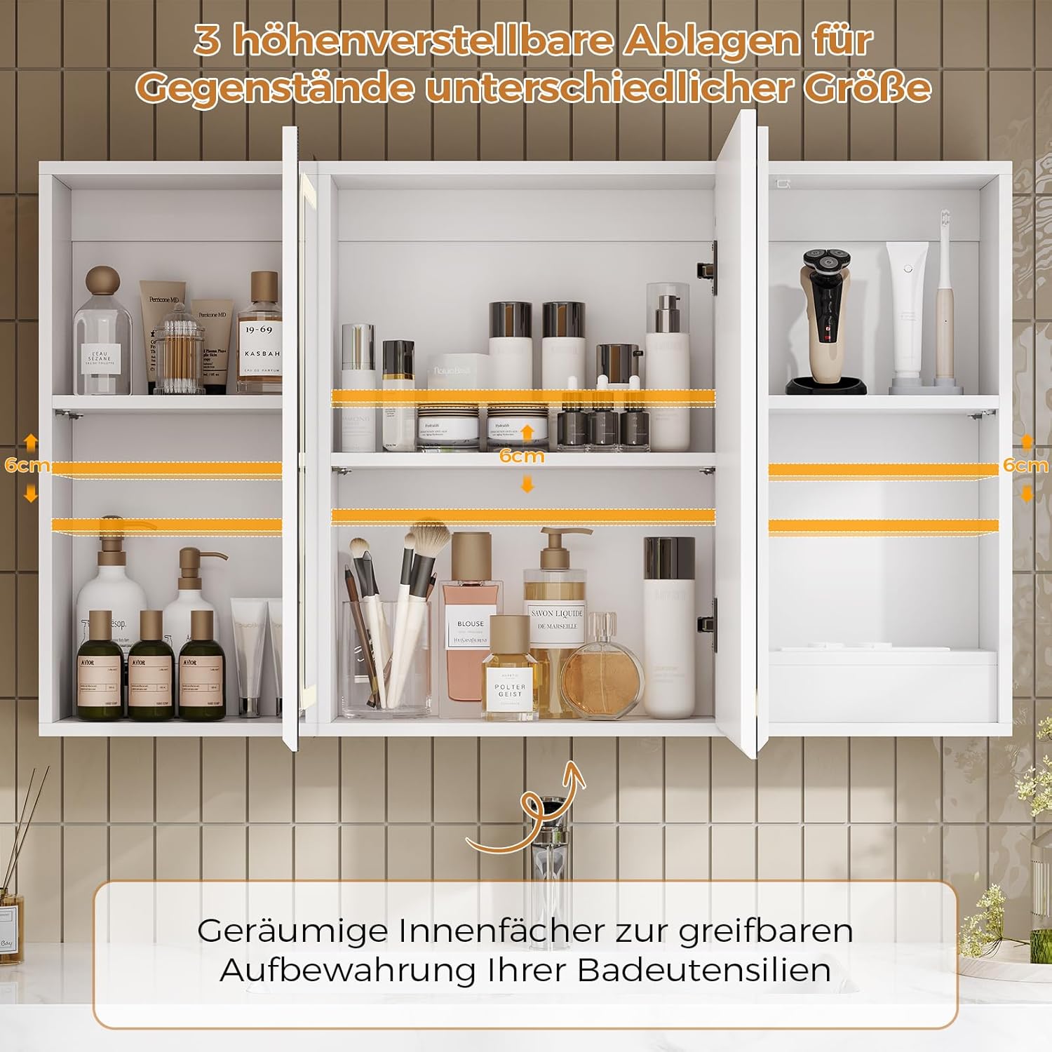Thumbnail 3 de mojiasion Spiegelschrank Bad 100 cm breit mit LED-Beleuchtung, Steckdose & 3 Farbtemperaturen – Touch-Sensor, 60×100×16 cm