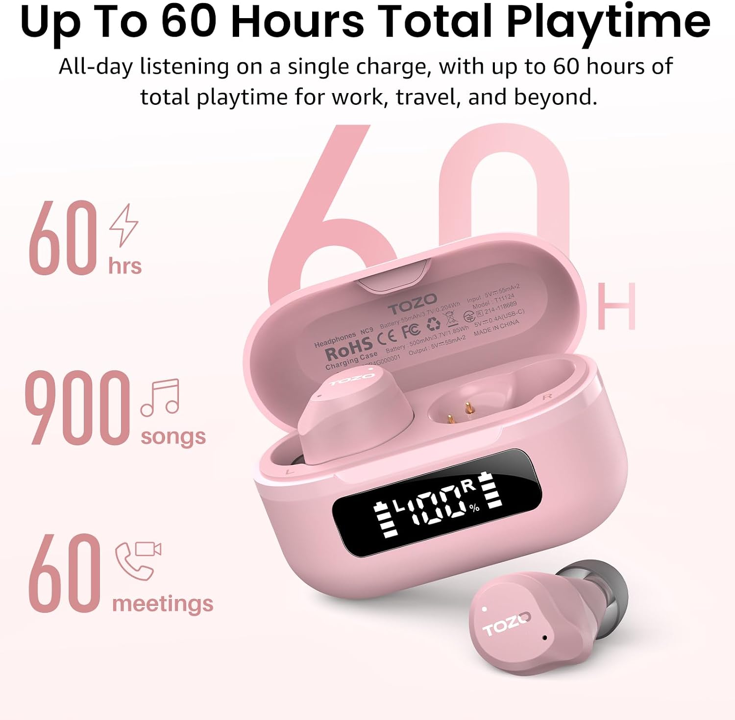 Detalle 2 de TOZO NC9 Wireless Earbuds with Hybrid ANC, Bluetooth 5.3 and 60-Hour Playtime