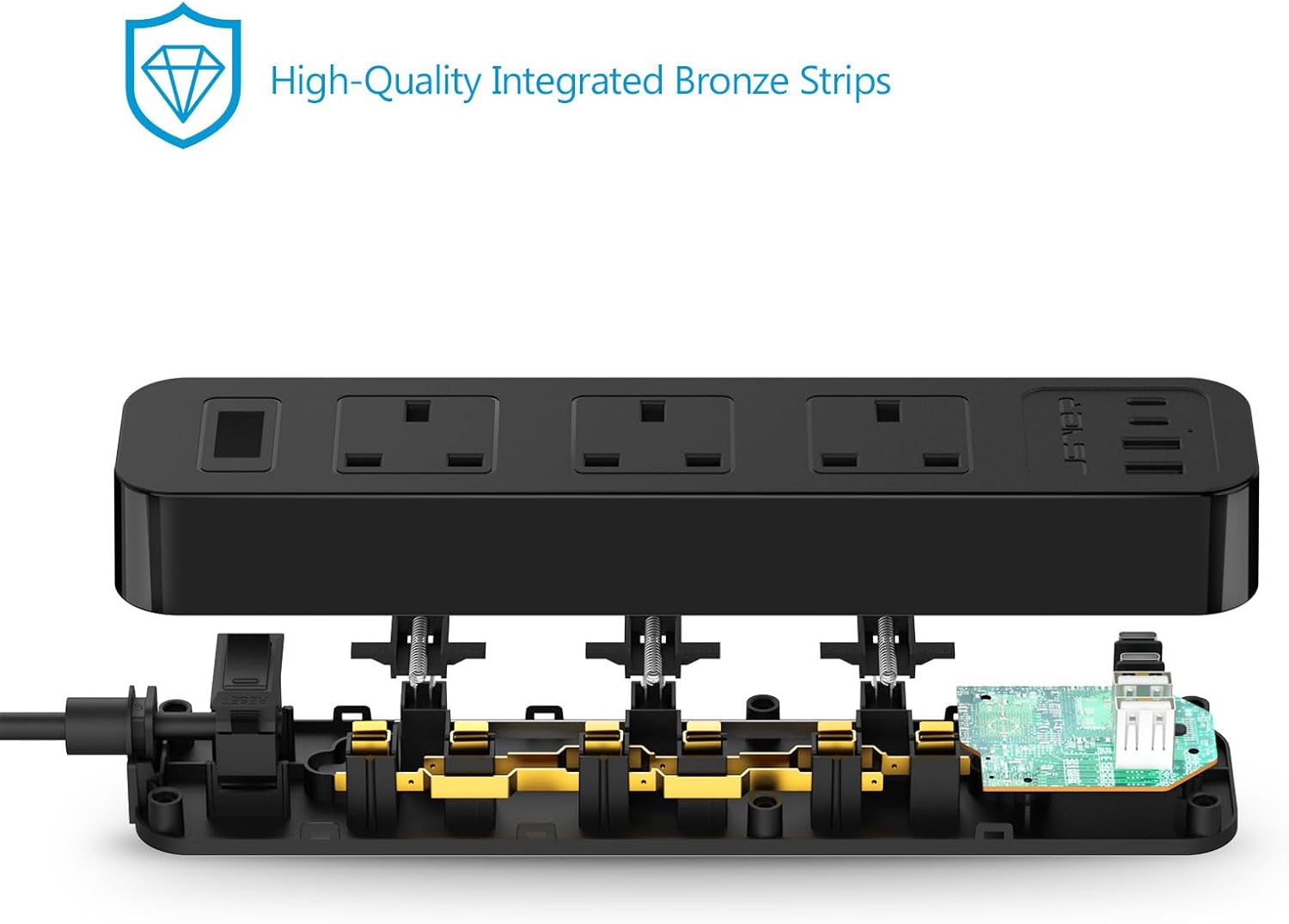 Thumbnail 1 de JSVER 7-in-1 Extension Lead with USB-C & USB-A Slots, 3 AC Outlets and 2m Cable (Switch) – Black