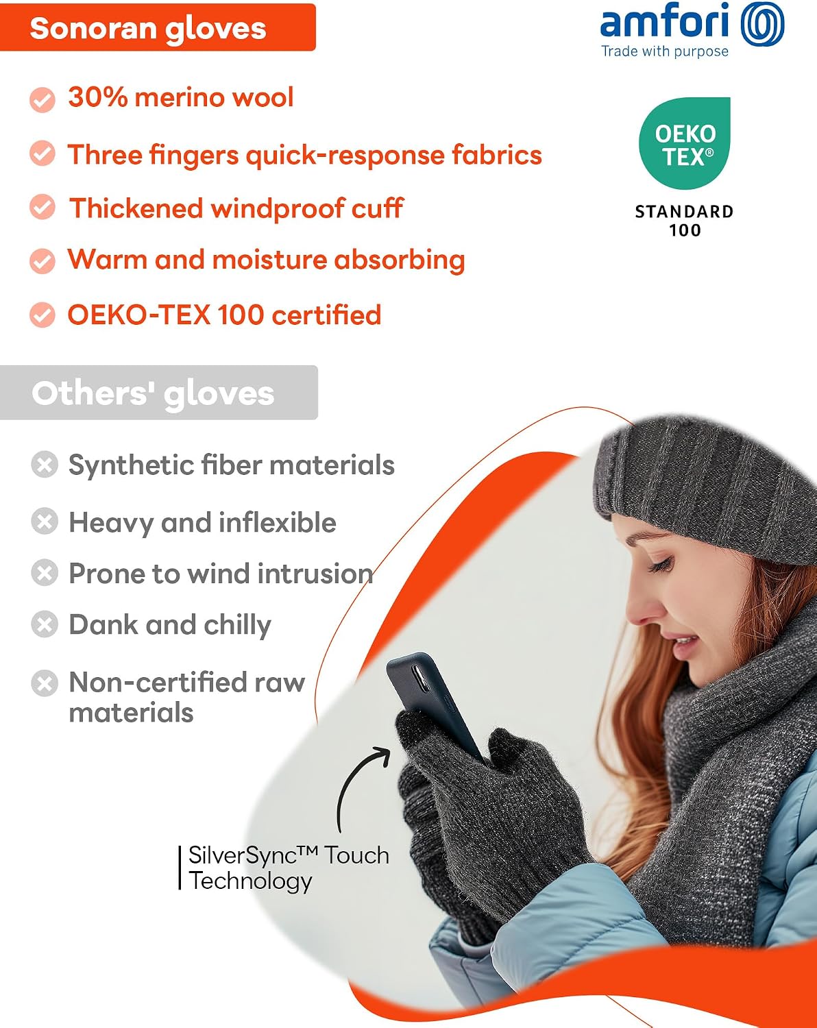 Detalle de SONORAN Merino Wool Glove Liners with Touchscreen Fingertips and Windproof Cuffs