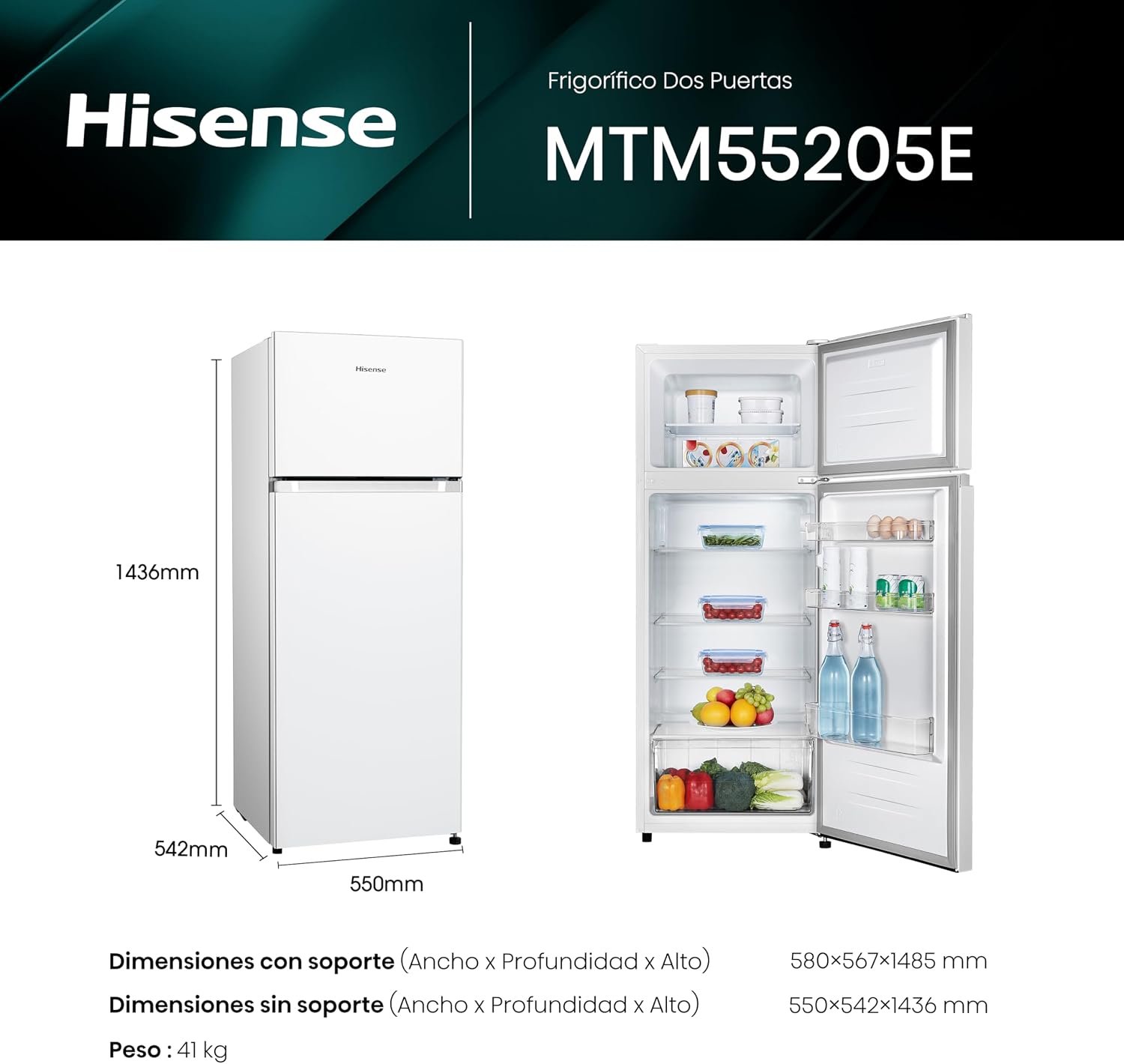 Detalle 2 de Hisense MTM55205E frigorífico de dos puertas con cajón de frutas y verduras, LED y 40 dBA