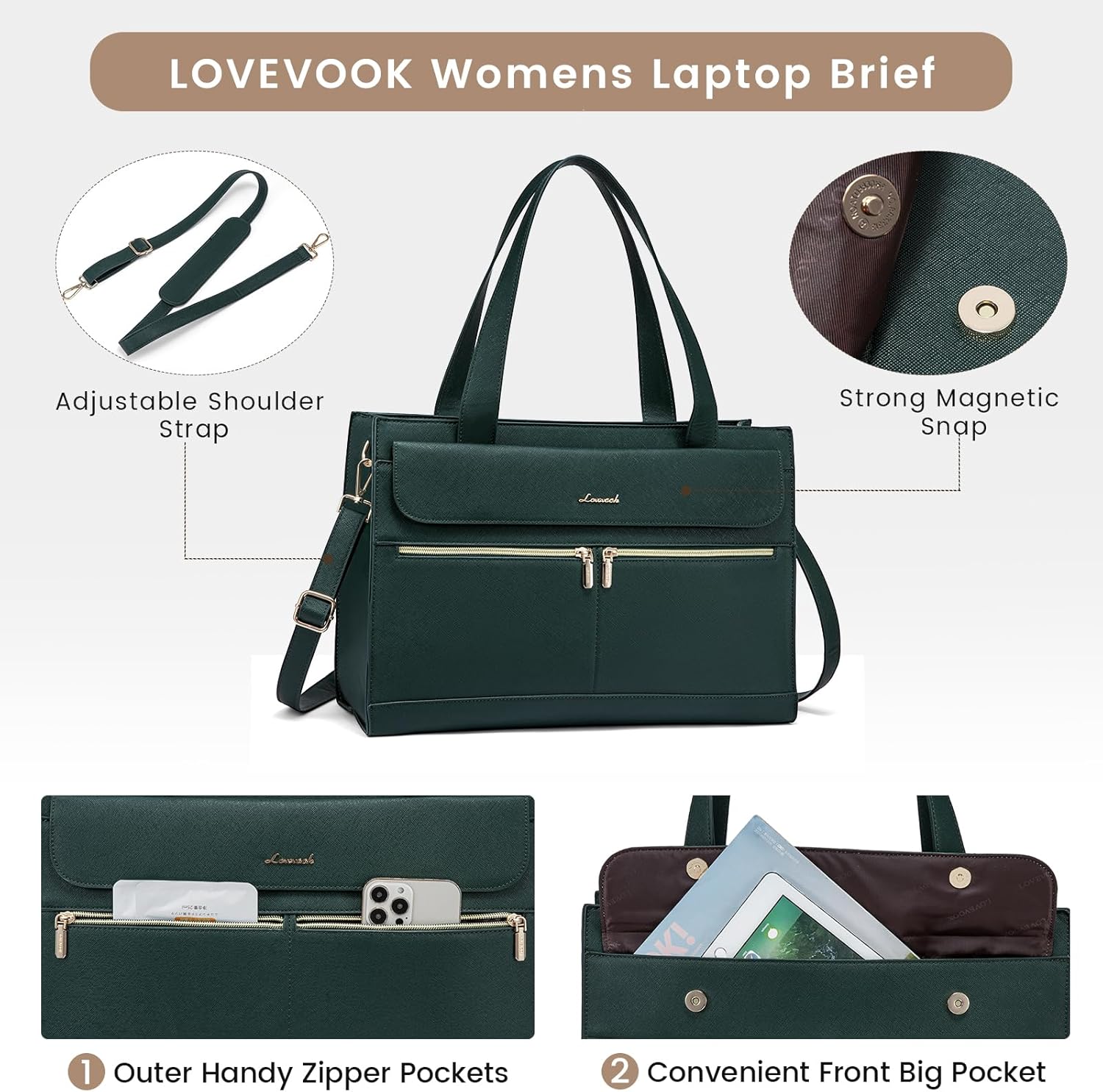 Detalle de LOVEVOOK Laptop Tote Bags for Women (15.6 inch) with Laptop Compartment, Green PU Leather Office Shoulder Bag