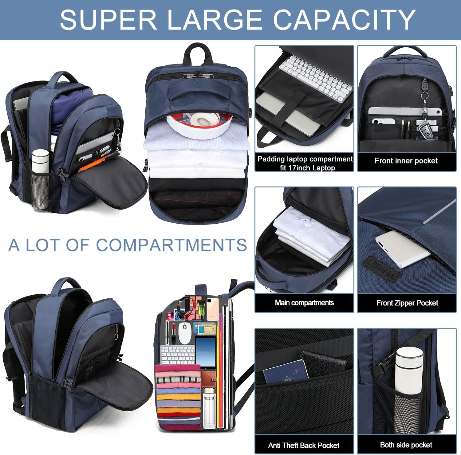 Detalle 2 de WENIG Sac à dos homme pour ordinateur portable 17,3 pouces TSA anti-vol imperméable avec charge USB – Bleu
