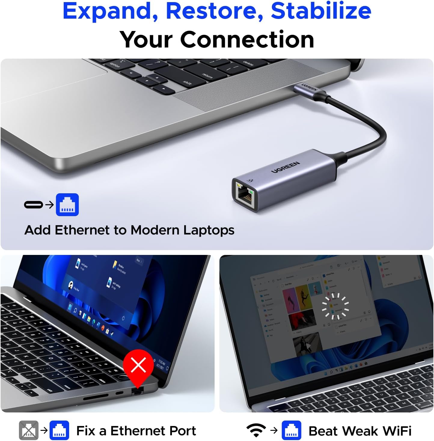 Detalle de UGREEN USB C to Ethernet Adapter 1Gbps 📡