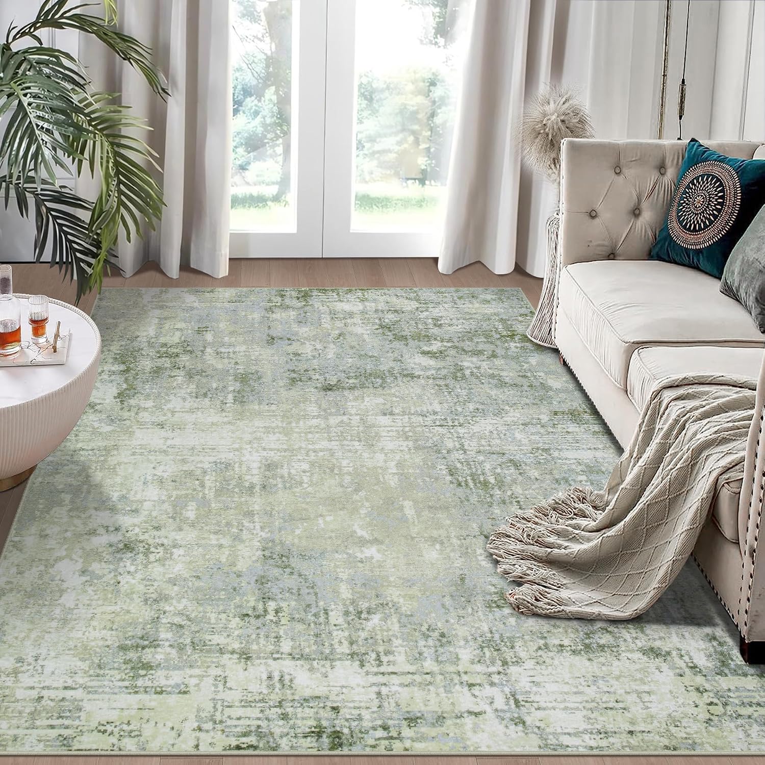 Detalle de Aelenmu 5' x 7' Green Area Rug, Washable Low-Pile Polyester with Non-Slip Backing