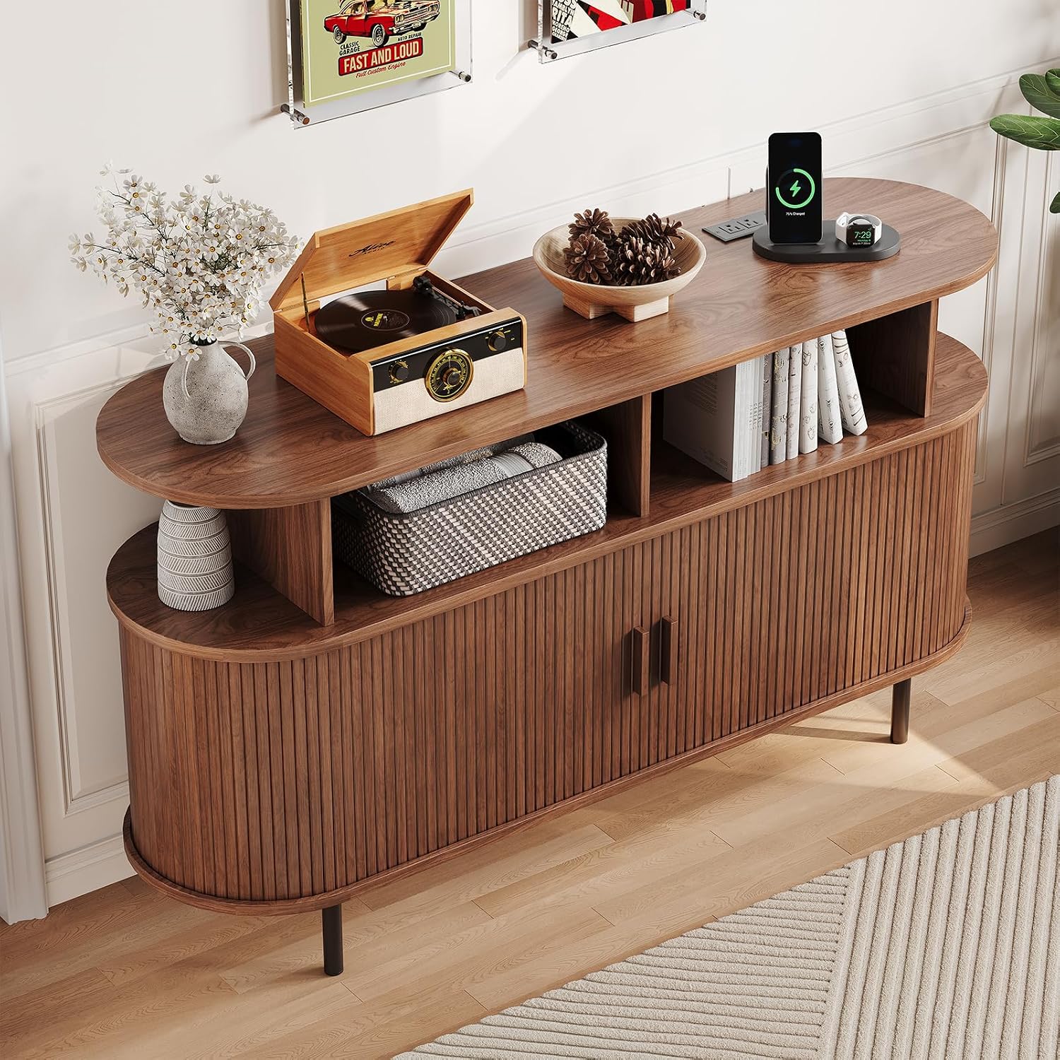 Thumbnail 5 de Lefurture TV-145-LFT Record Player Cabinet, 55-Inch Walnut Vinyl Storage