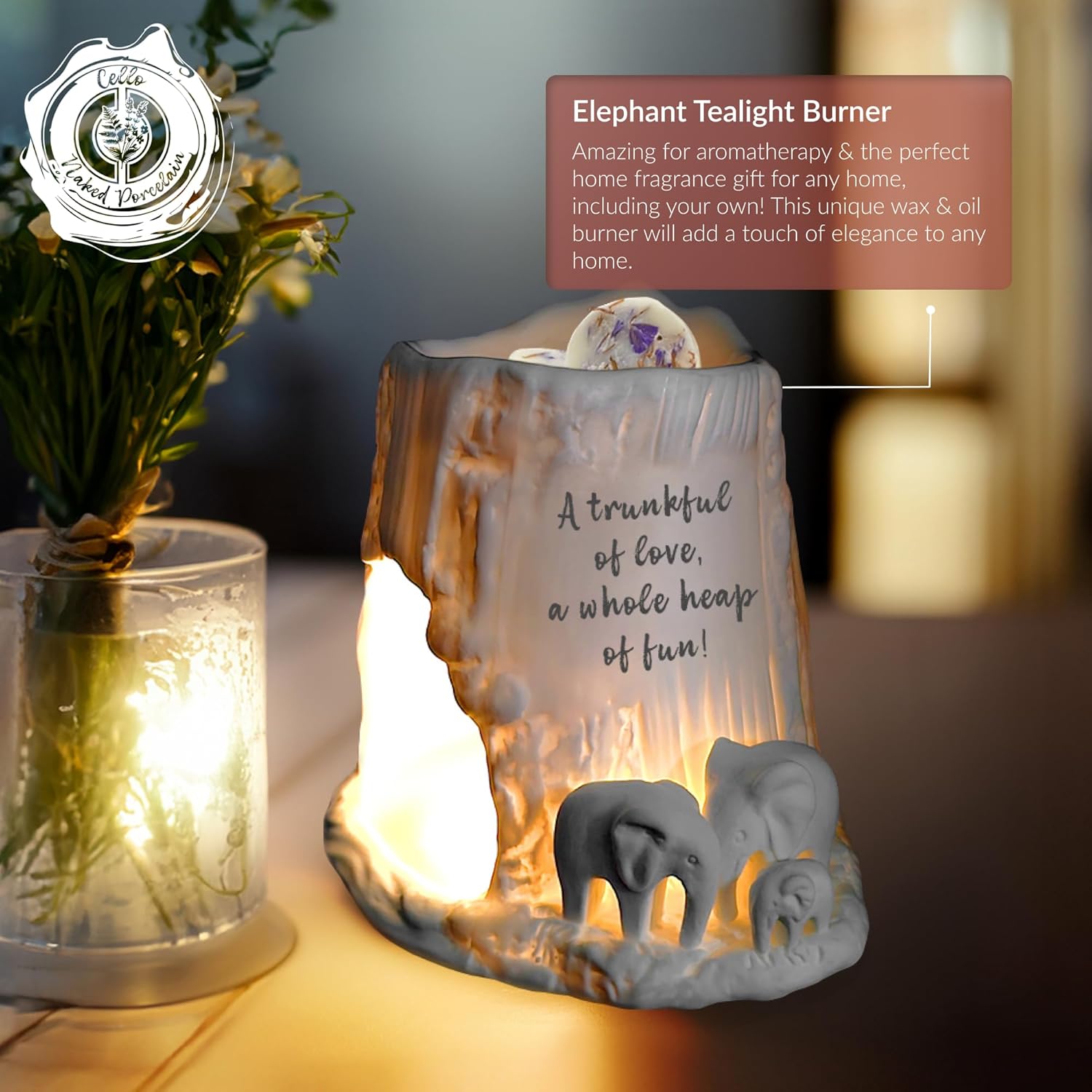 Thumbnail 1 de Cello Elephant Tealight Burner – Porcelain wax melt & oil burner ornament
