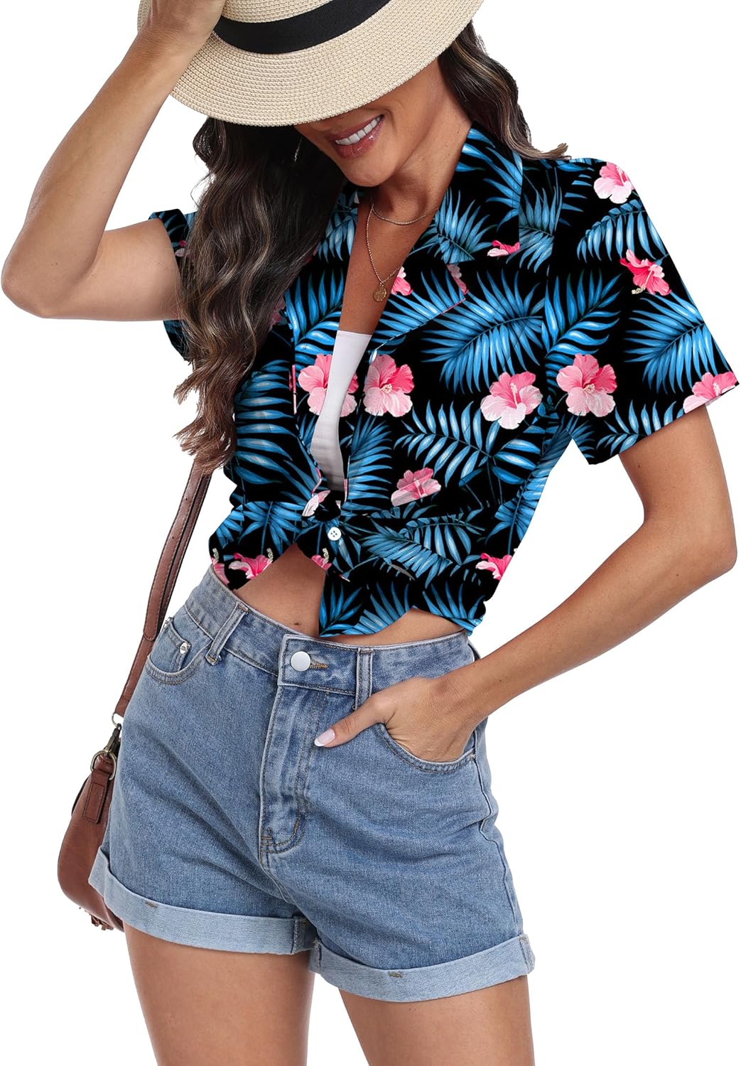 Thumbnail 3 de YUNDAI Womens Hawaiian Shirts: Short Sleeve Button Down Floral Tropic Print Tee