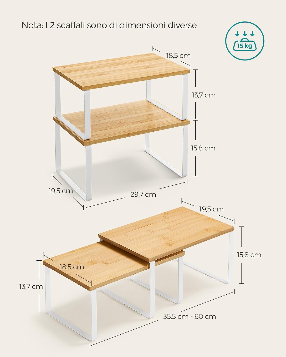 Detalle de SONGMICS Scaffale Portaspezie KCS02NW: set da 2 organizzatori da cucina espandibili in legno ingegnerizzato e metallo