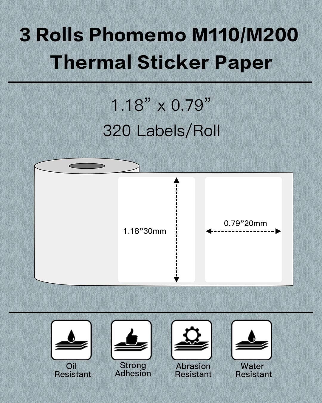 Detalle 2 de Phomemo 3 Rolls M110 Label (1.18" x 0.79" / 30x20mm) Self-Adhesive Thermal Labels for M110 & more