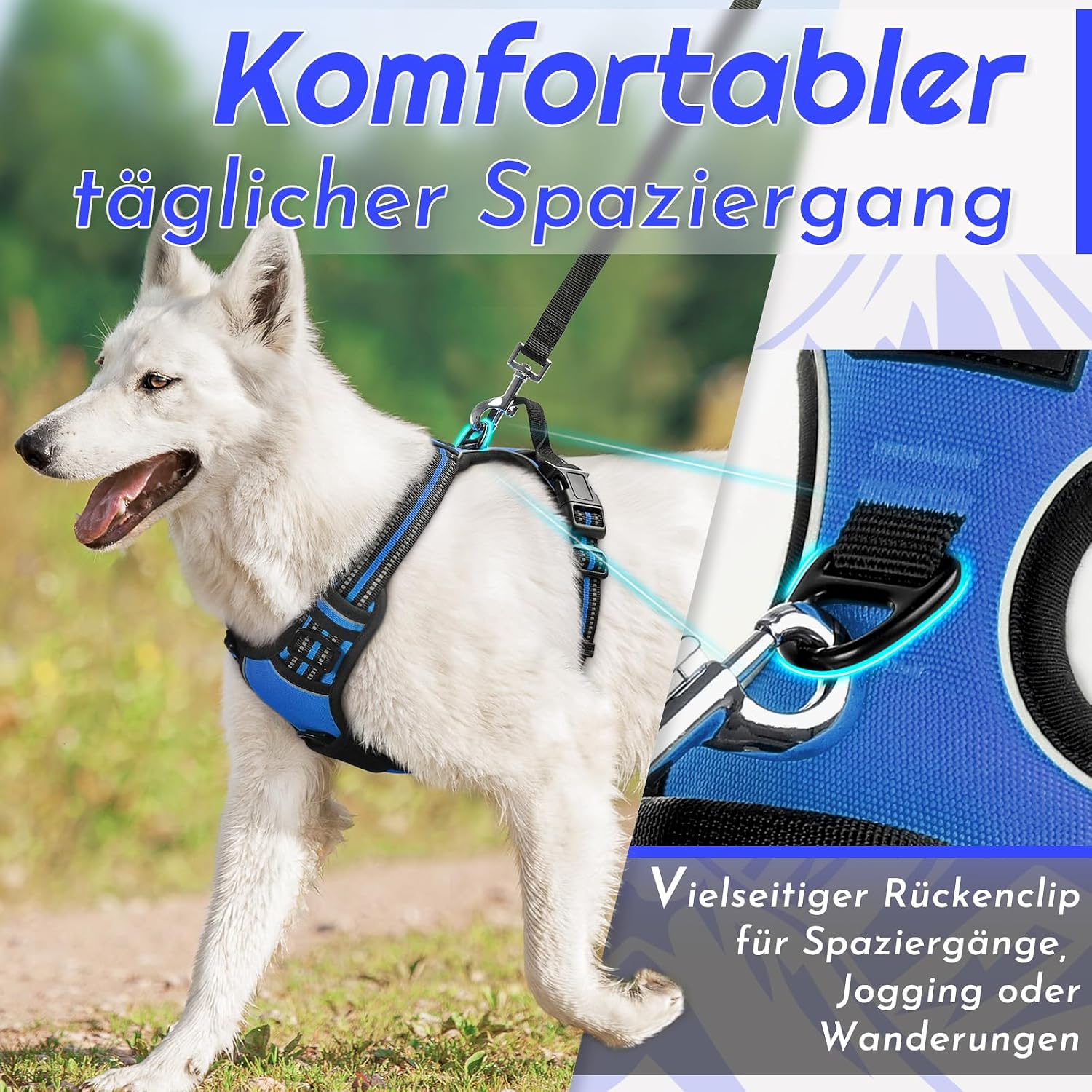 Detalle de Eagloo Hundegeschirr Größe M – Anti-Zug Brustgeschirr, verstellbar, reflektierend, blau