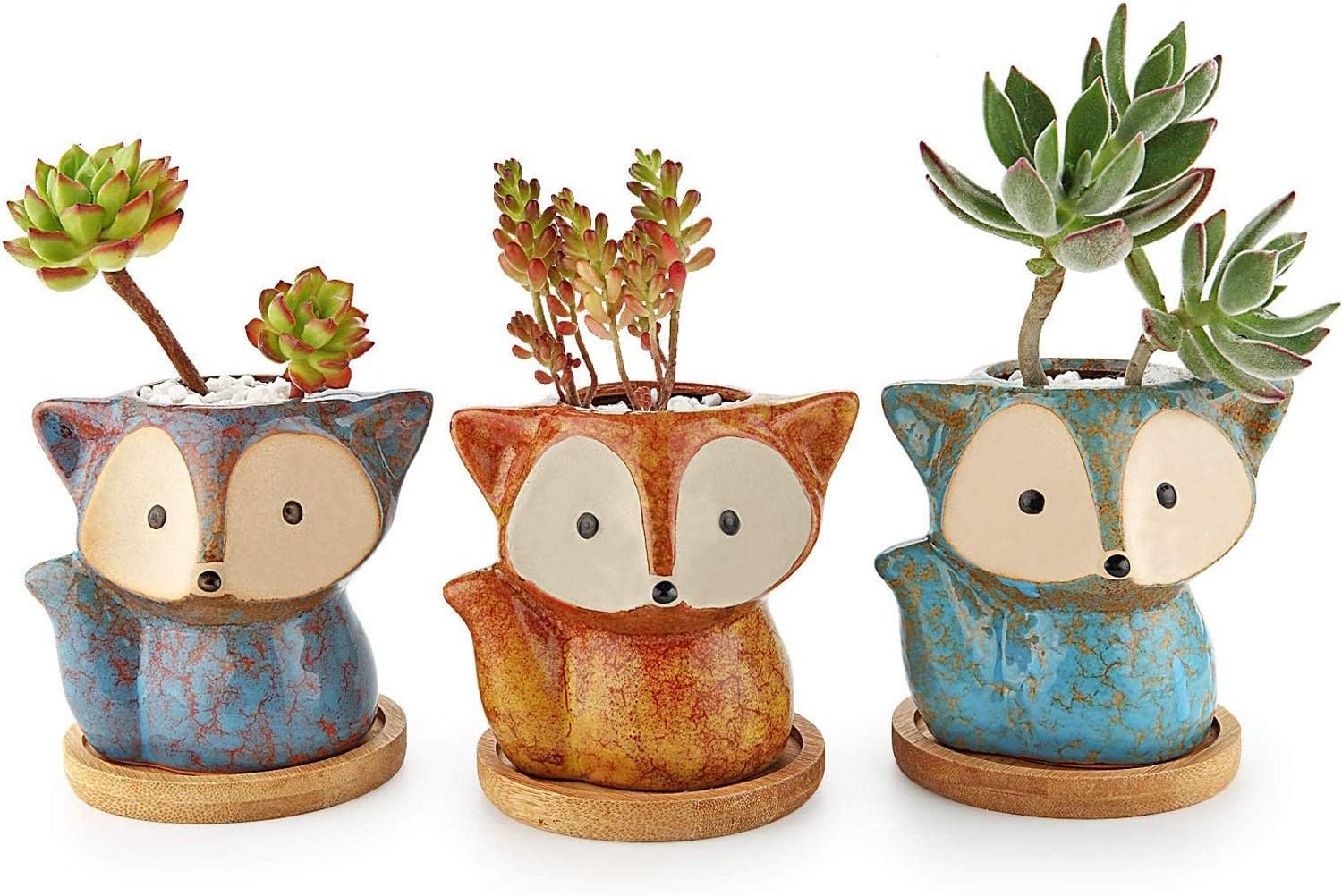 Detalle de T4U Vasetti per Piantine in Ceramica con Vassoio – Set di 3, design volpe per piante grasse da interno