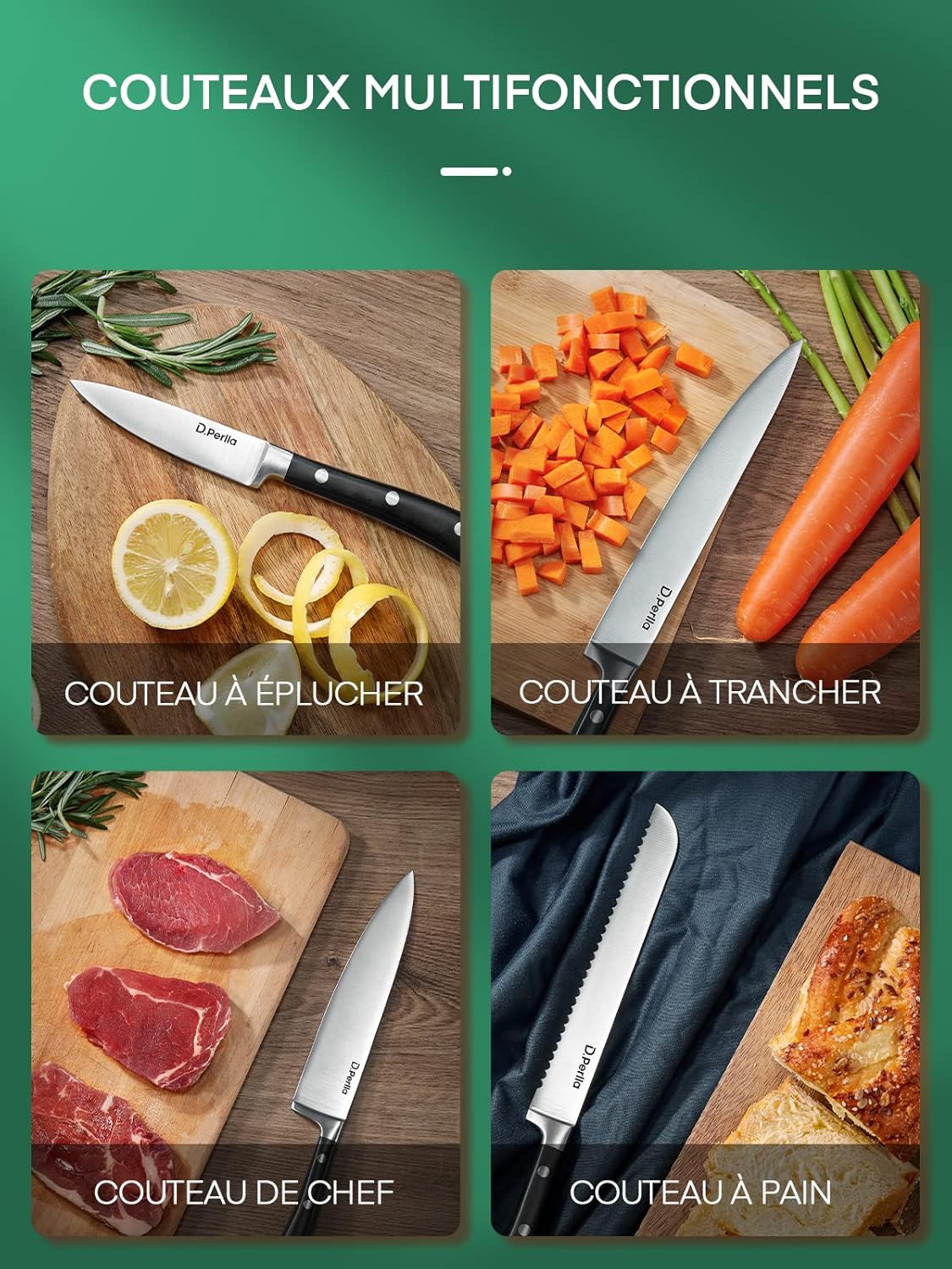 Thumbnail 6 de Set de 6 couteaux de cuisine D.Perlla avec bloc en bois et lames en acier inoxydable (Allemagne)