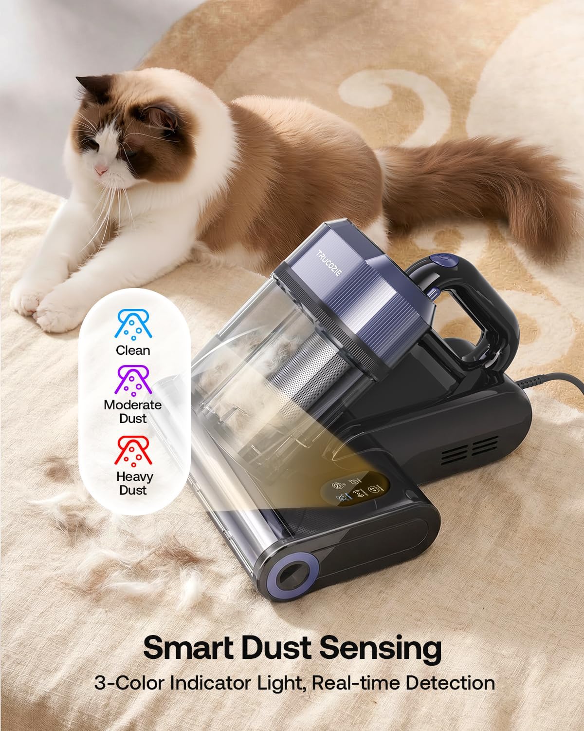 Detalle de Mattress Vacuum Cleaner with 275nm UV-C Light & 149℉ Heat — 16Kpa Suction for Pet Hair, Smart Dust Sensor, and Aromatherapy