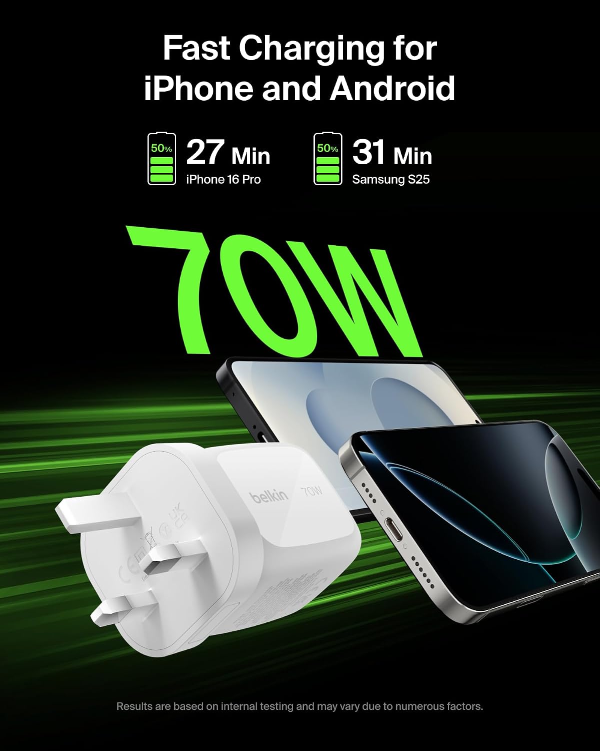 Detalle 2 de Belkin 3-Port USB-C Plug 70W GaN Wall Charger (2x USB-C + 1x USB-A), White