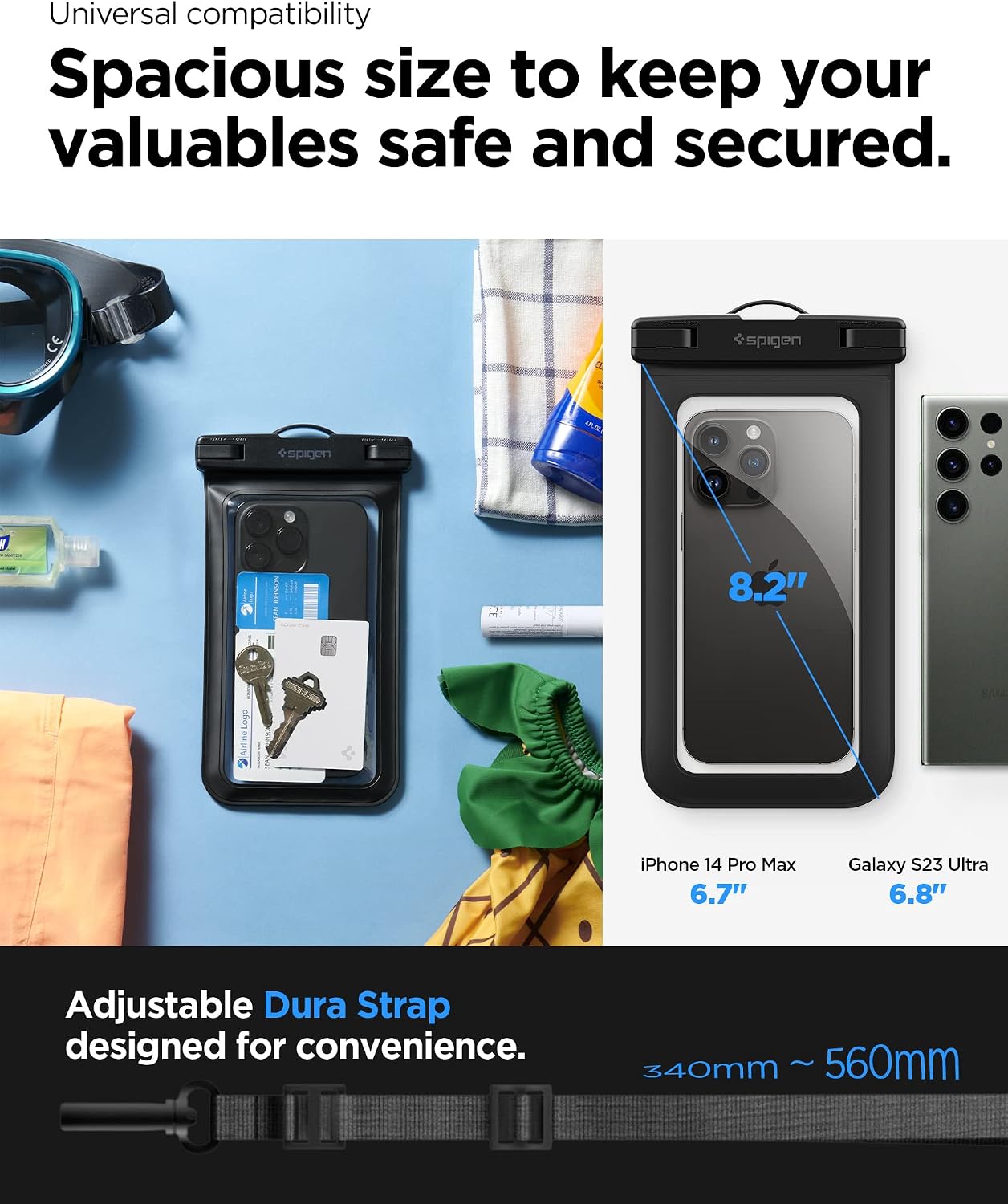 Detalle de Spigen Aqua Shield A601 custodia impermeabile IPX8 per smartphone fino a 7,0" (2 pezzi) con tracolla, finestra trasparente e cover a sacchetto marino