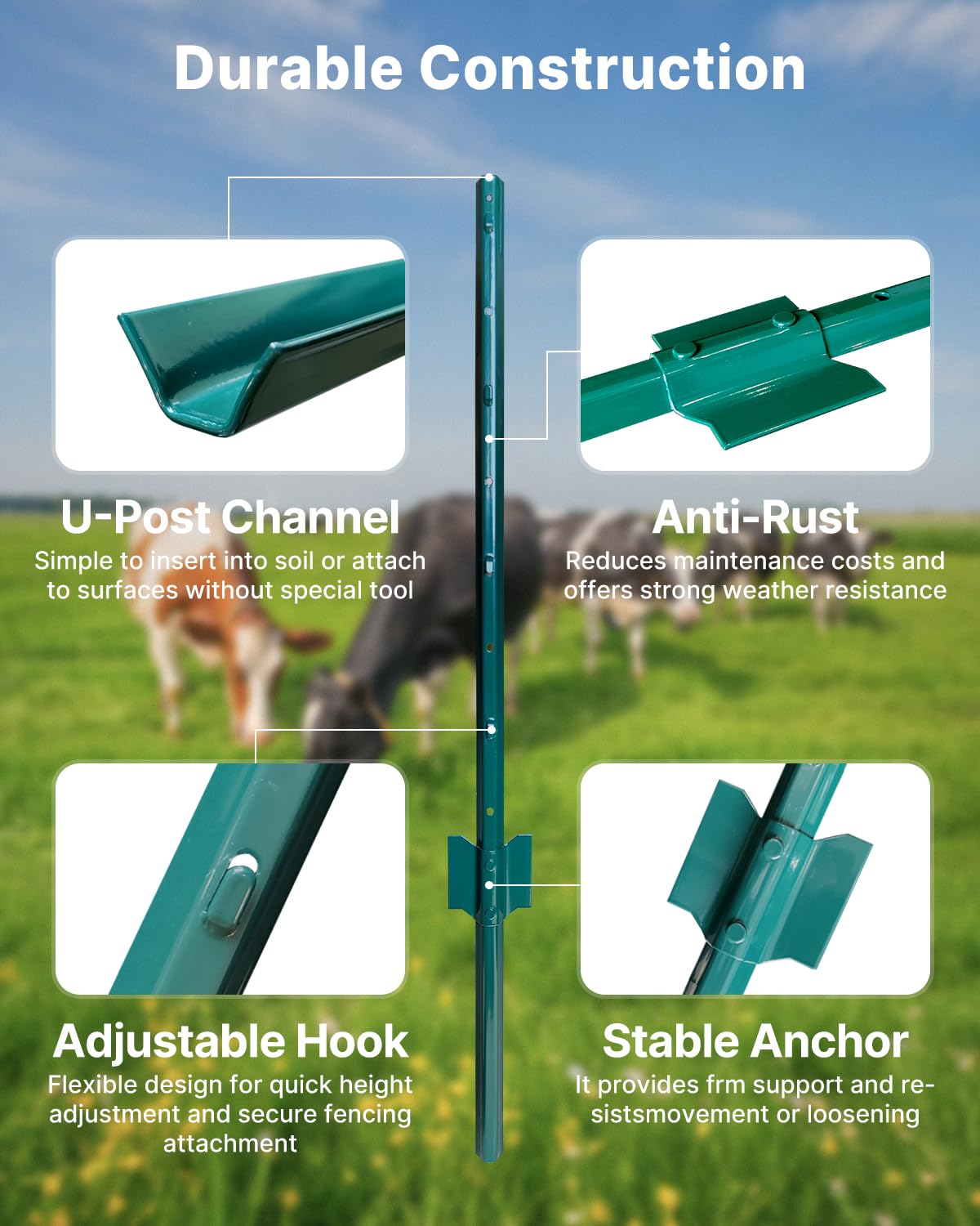 Thumbnail 4 de ARIFARO 121cm / 4ft Metal Fence Posts (Pack of 10) for Wire Fencing