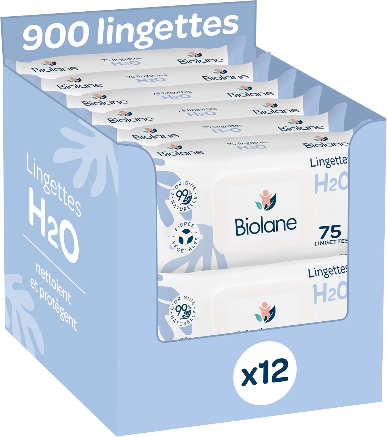 Detalle de Biolane Lingettes bébé à l’eau – 900 lingettes (lot de 12 x 75), sans rinçage, dès la naissance