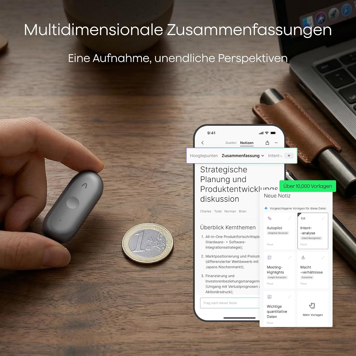 Detalle de Plaud NotePin S Diktiergerät mit taktiler Aufnahmetaste – KI-Transkription, Multimodale Eingabe und Vier Tragesteckformen