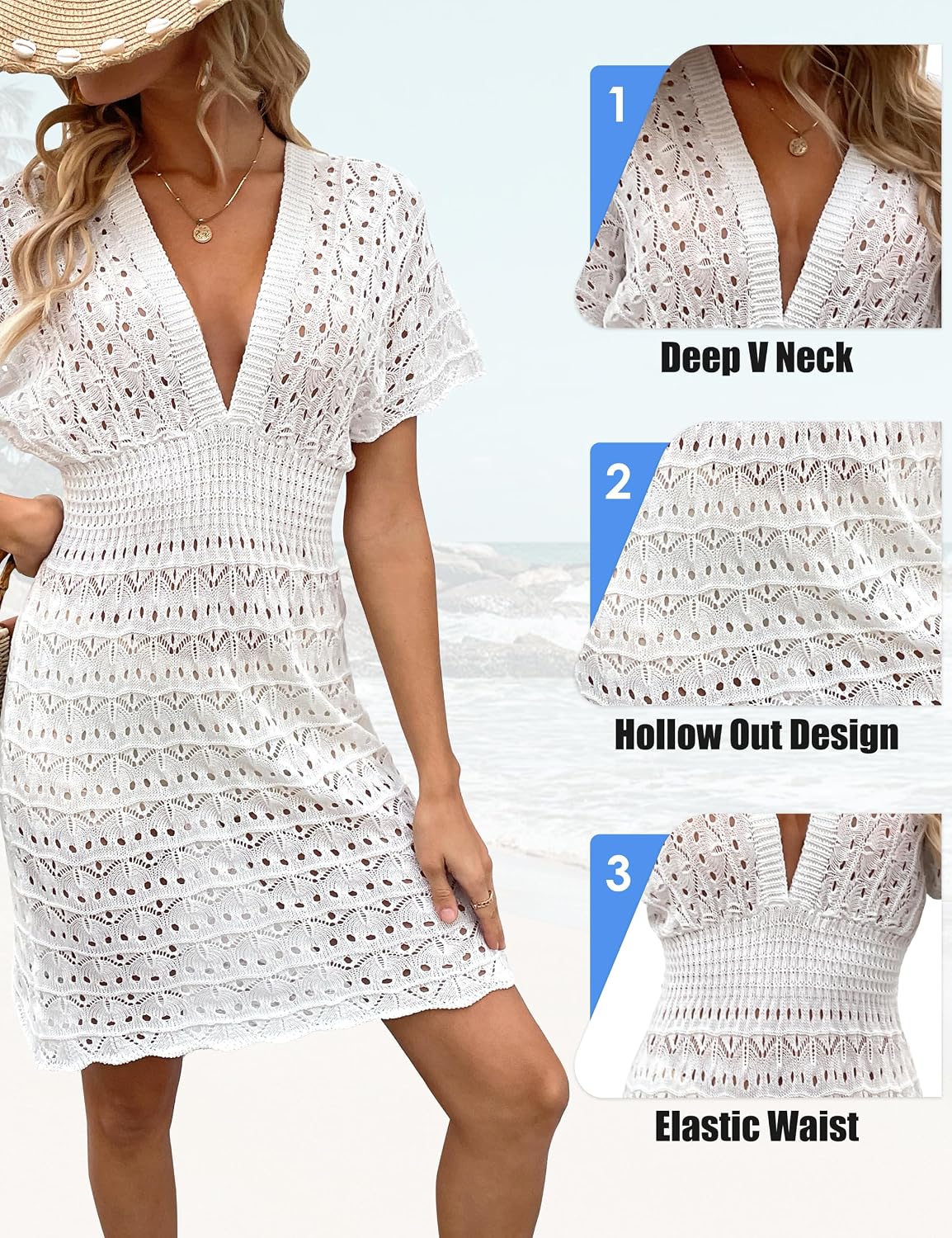 Detalle de Desol Bikini Cover Up Strandkleid Damen – Aushöhlen Häkelkleid mit V-Ausschnitt