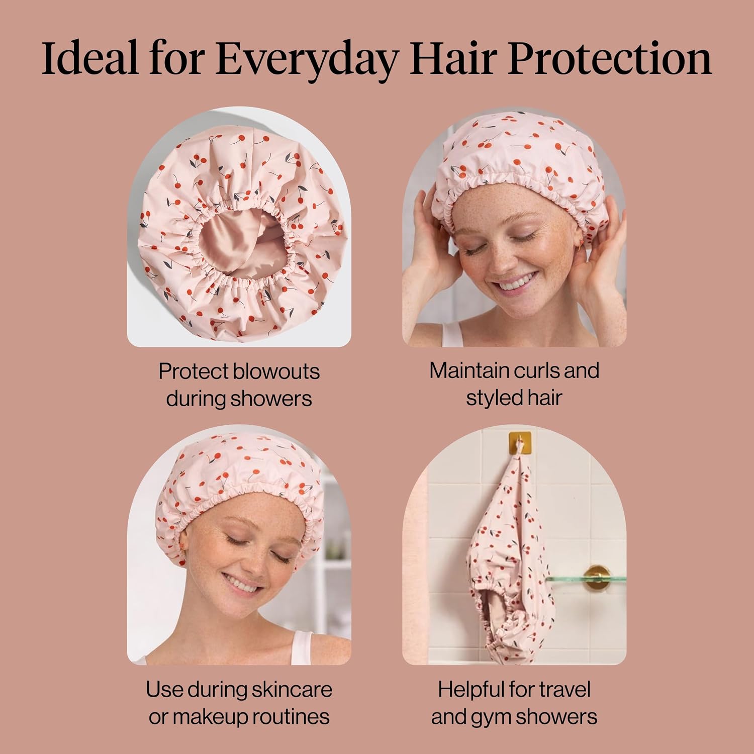 Detalle 2 de Kitsch Luxury Shower Cap for Women – Reusable Waterproof, Large, Cherry Print