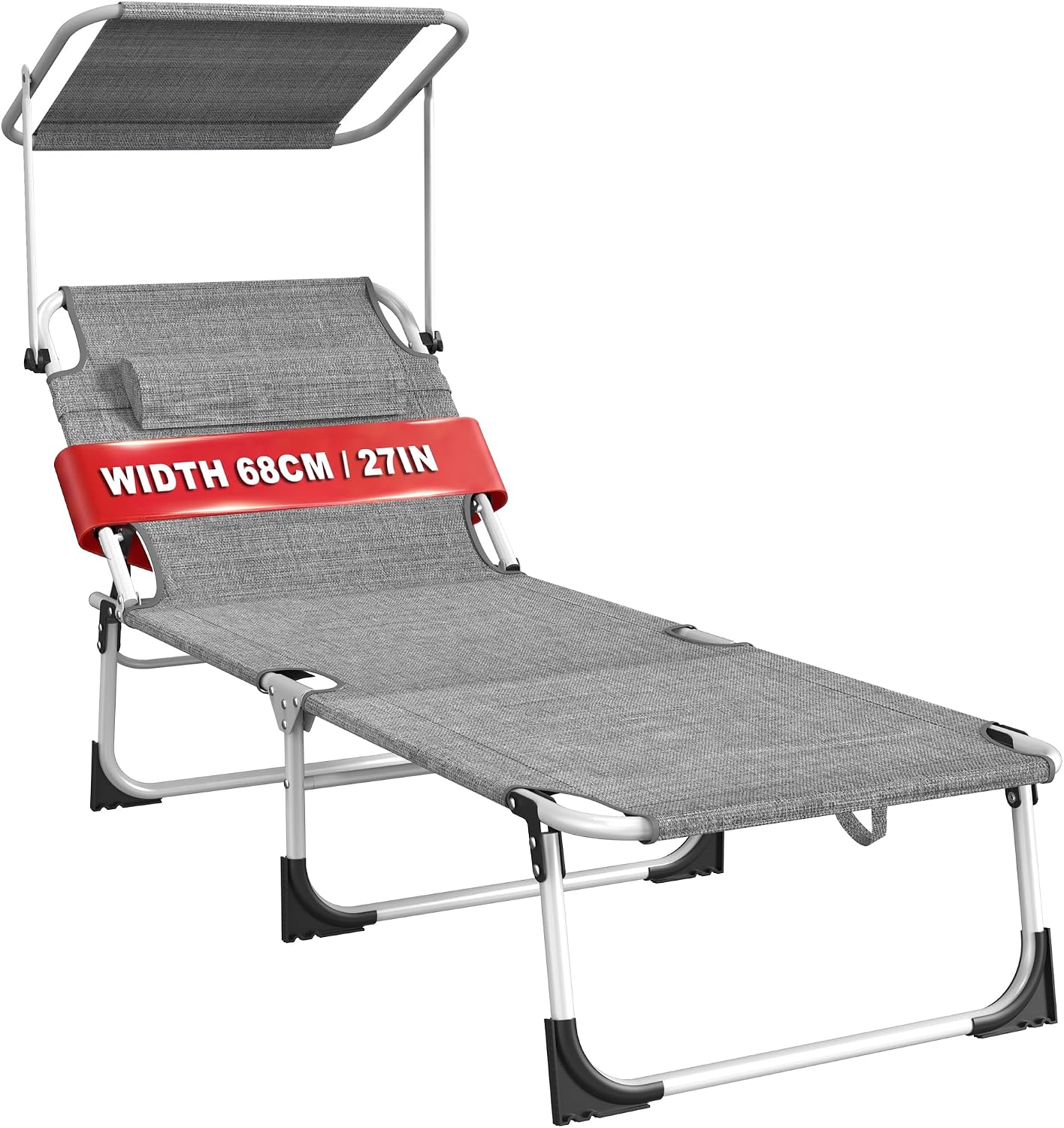 AufuN Sonnenliege Klappbar mit Dach und Seitentasche – 195x68 cm, Grau