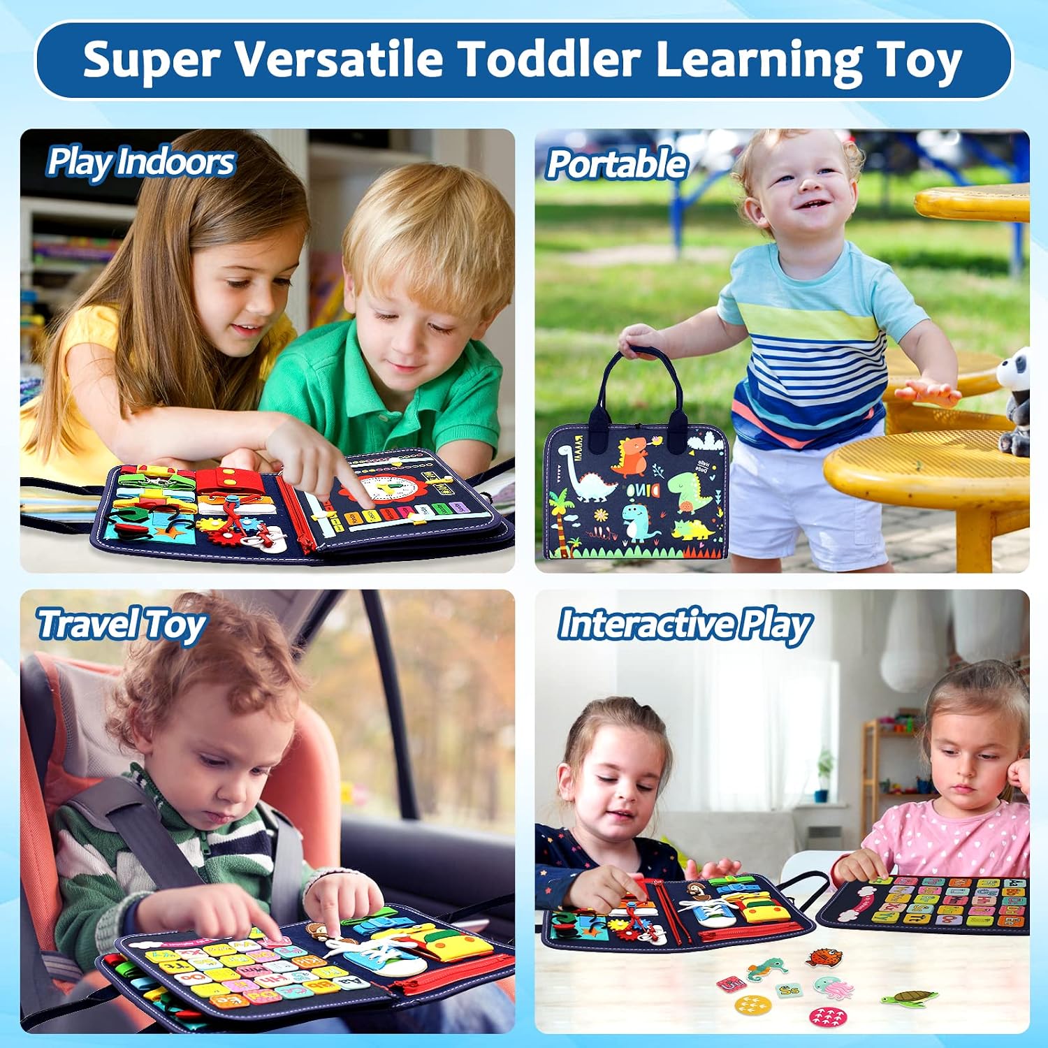 Thumbnail 3 de Qizfun Montessori Busy Board & Busy Book for Toddlers (Blue/P4) – Screen-Free Travel Sensory Learning Toy