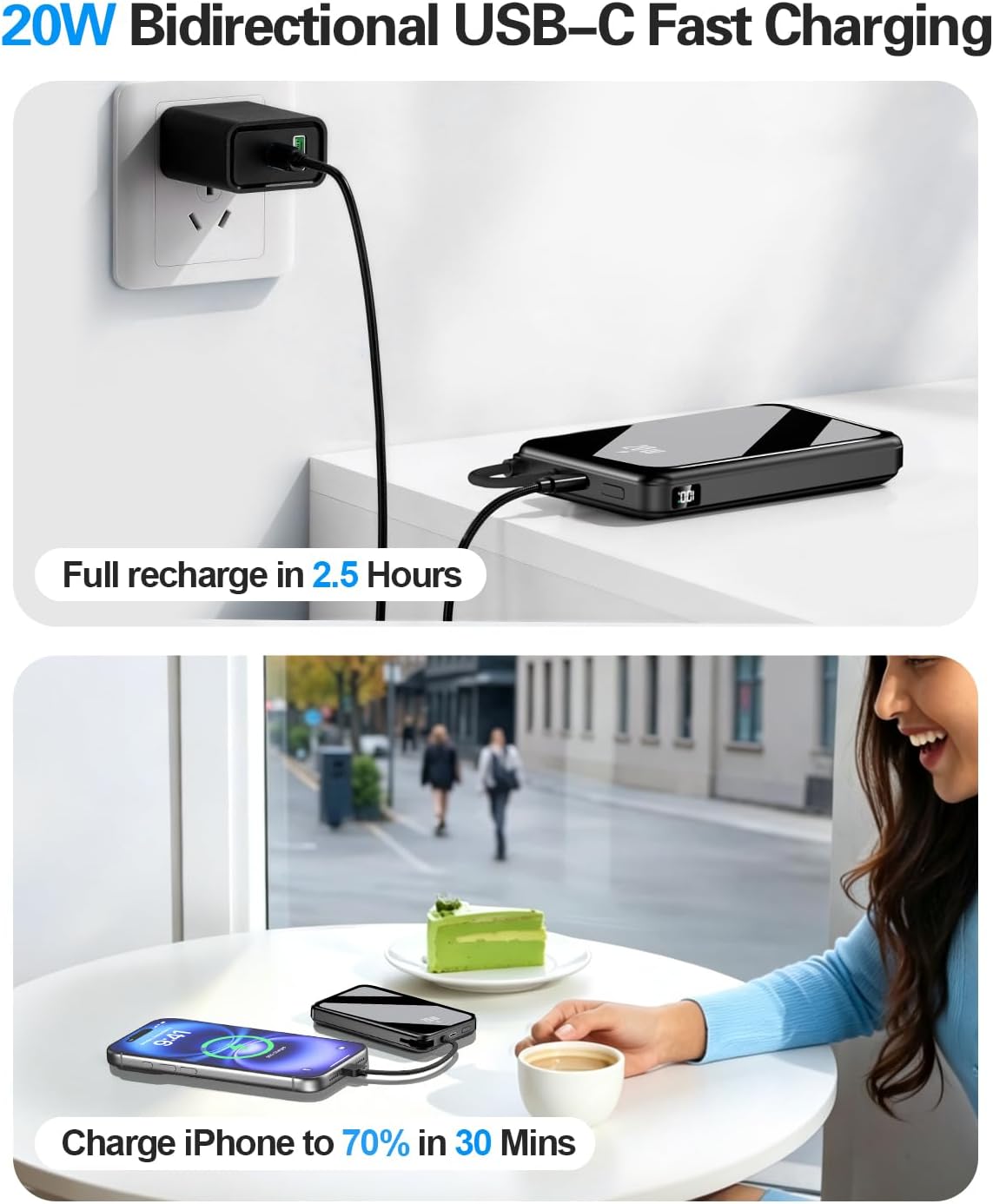 Thumbnail 6 de Fuphine N3 10,000mAh Portable Charger with 20W Fast Charging and Built-In Cables