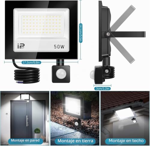 Detalle de YZYFACAI Foco LED Exterior 50W con Sensor de Movimiento IP67, 5000 lm y 7000K
