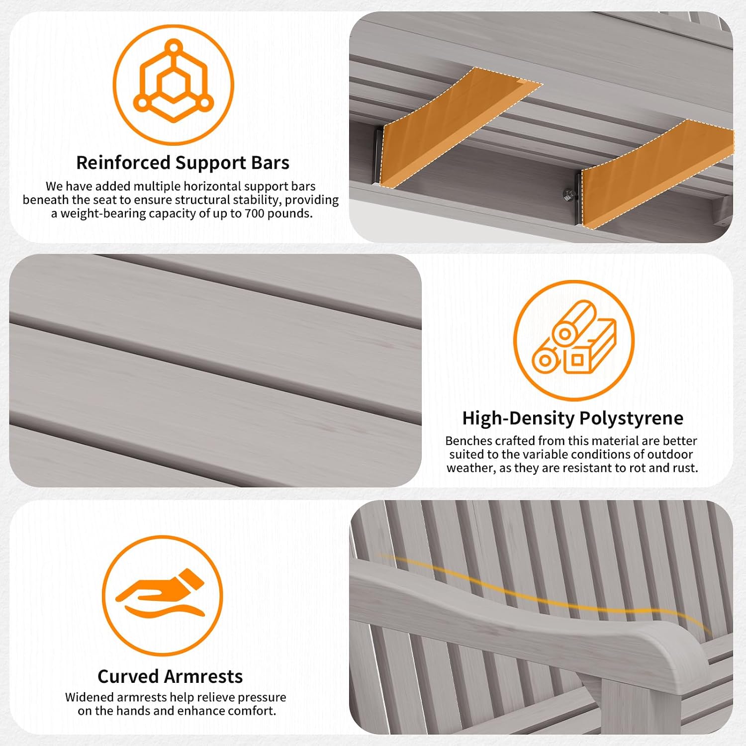 Detalle de Psilvam MTOB01 Outdoor Bench for Two, Grey, 700 lb Capacity