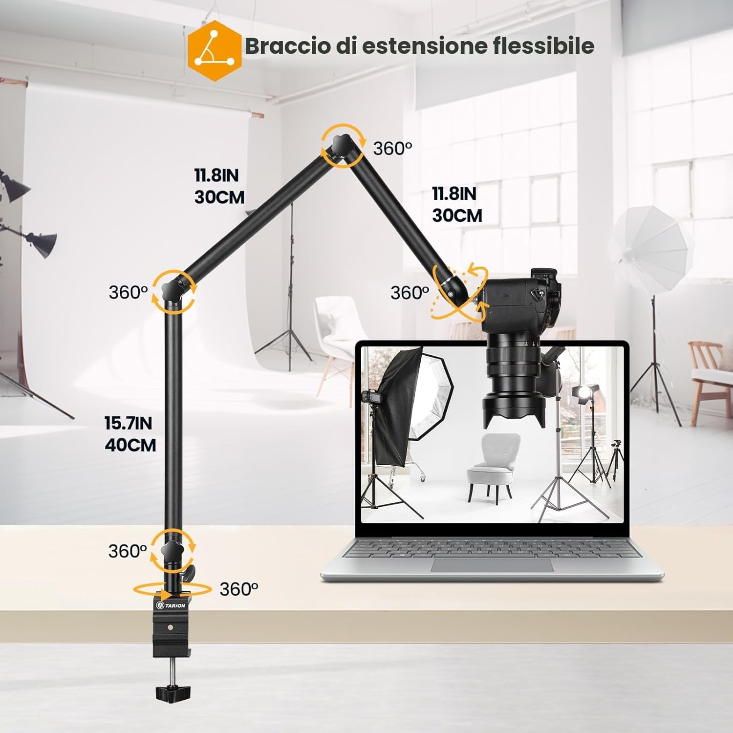 Detalle 2 de TARION TKB01 supporto da scrivania per treppiede con luce ad anello e braccio articolato 360°