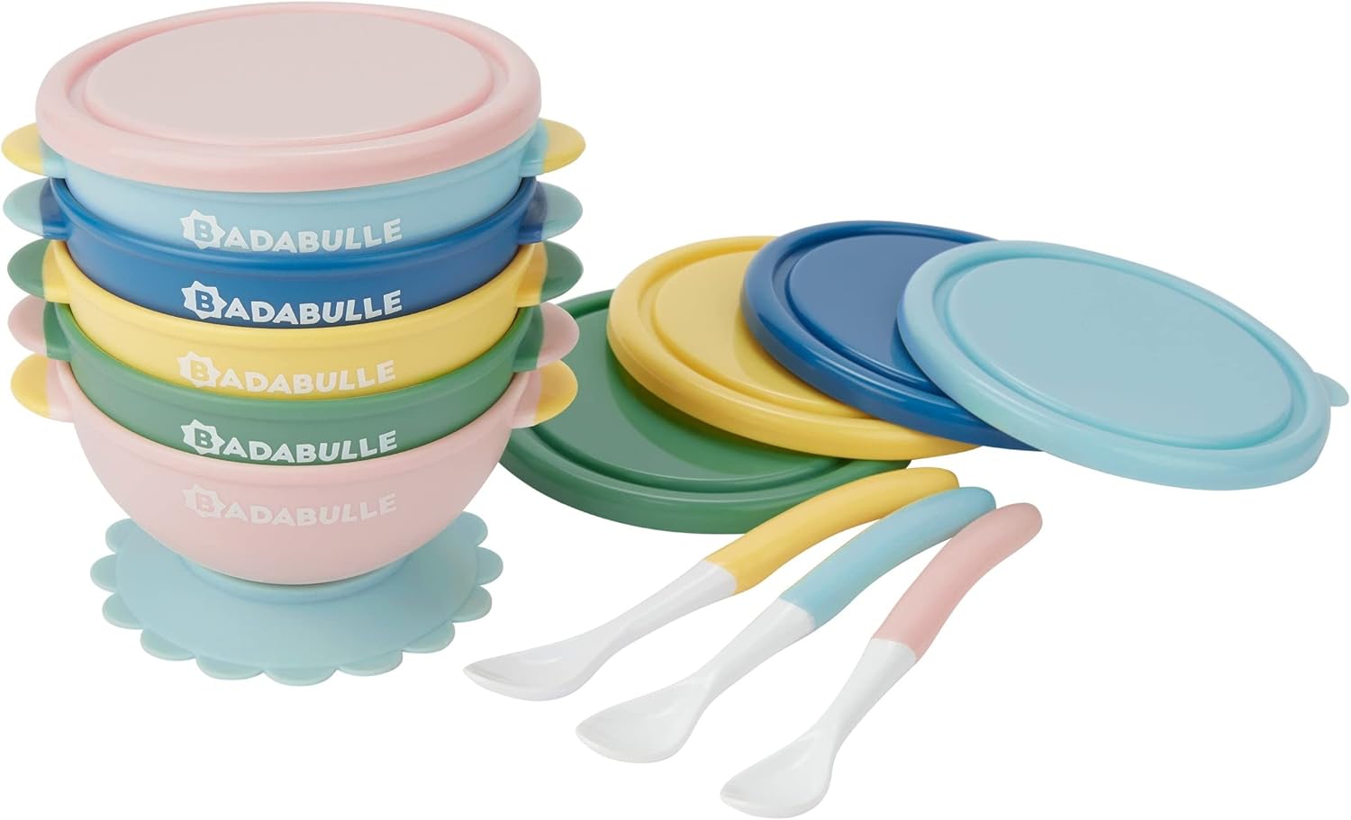Detalle de Badabulle Set di 5 ciotole antiscivolo 330 ml e 3 cucchiai morbidi