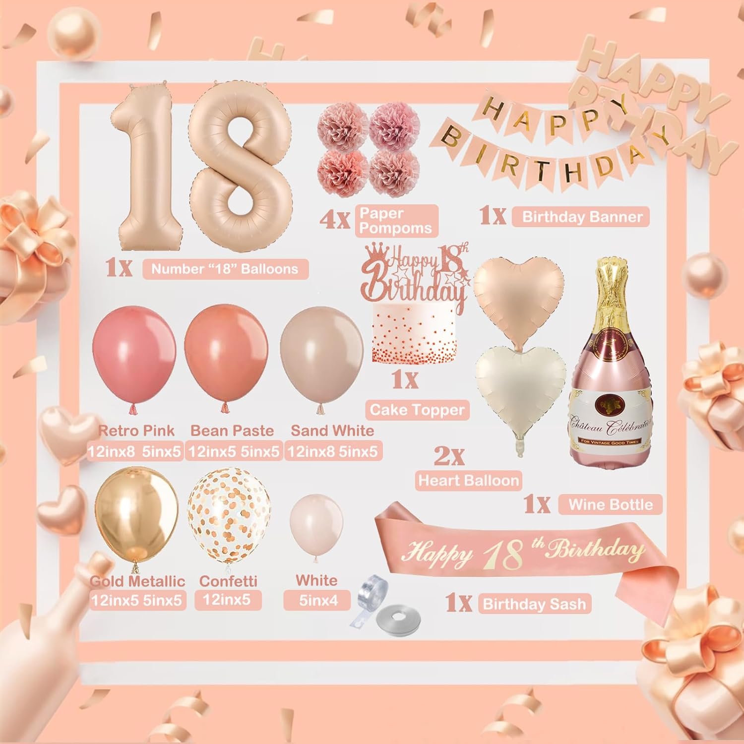 Thumbnail 1 de Deko 18 Geburtsta Geburtstagsdeko Set Retro Rosa mit 18-Zahlen Luftballon und Champagner Ballon